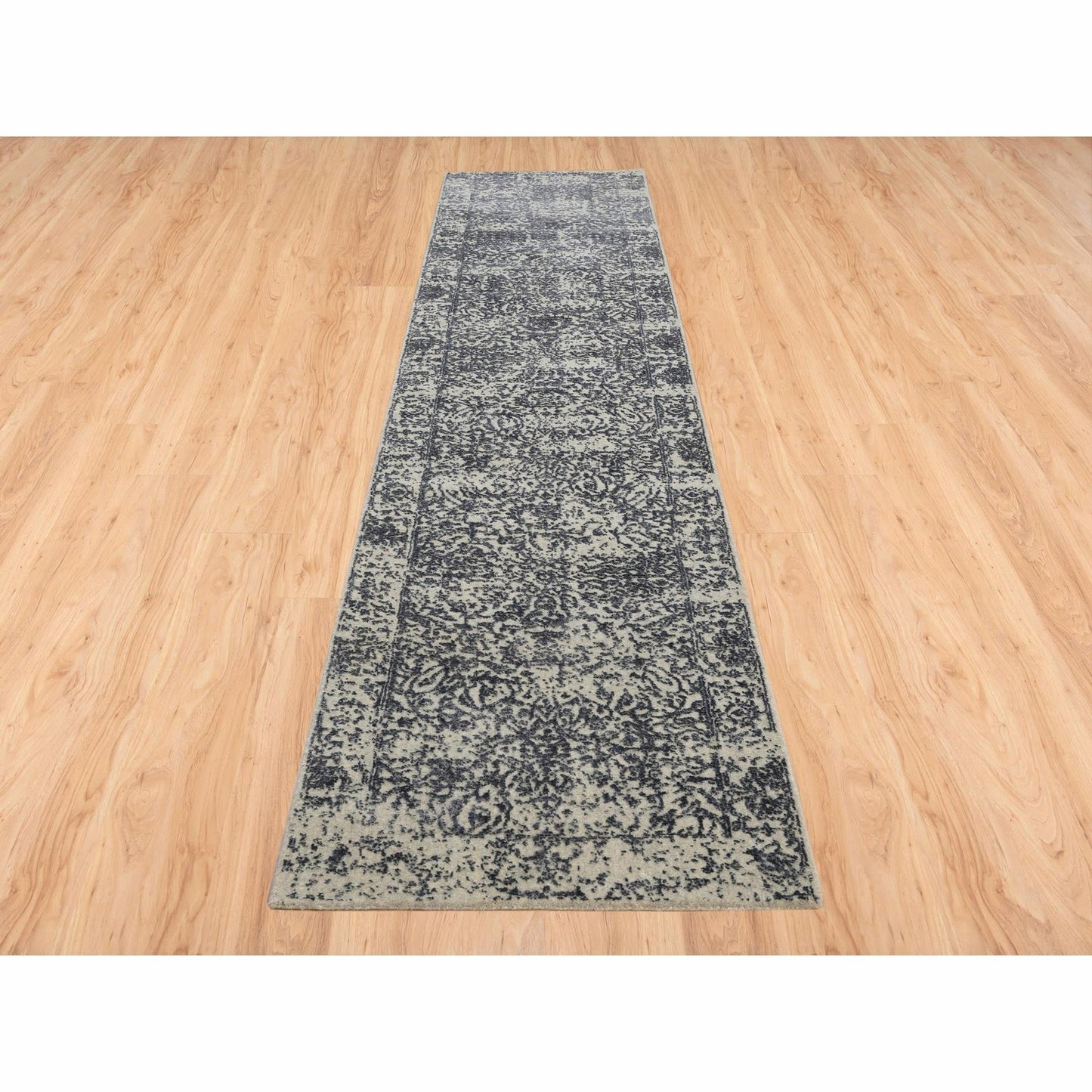 2'7"X12'2" Hand Loomed Gray Fine Jacquard Wool And Silk Runner Rug
