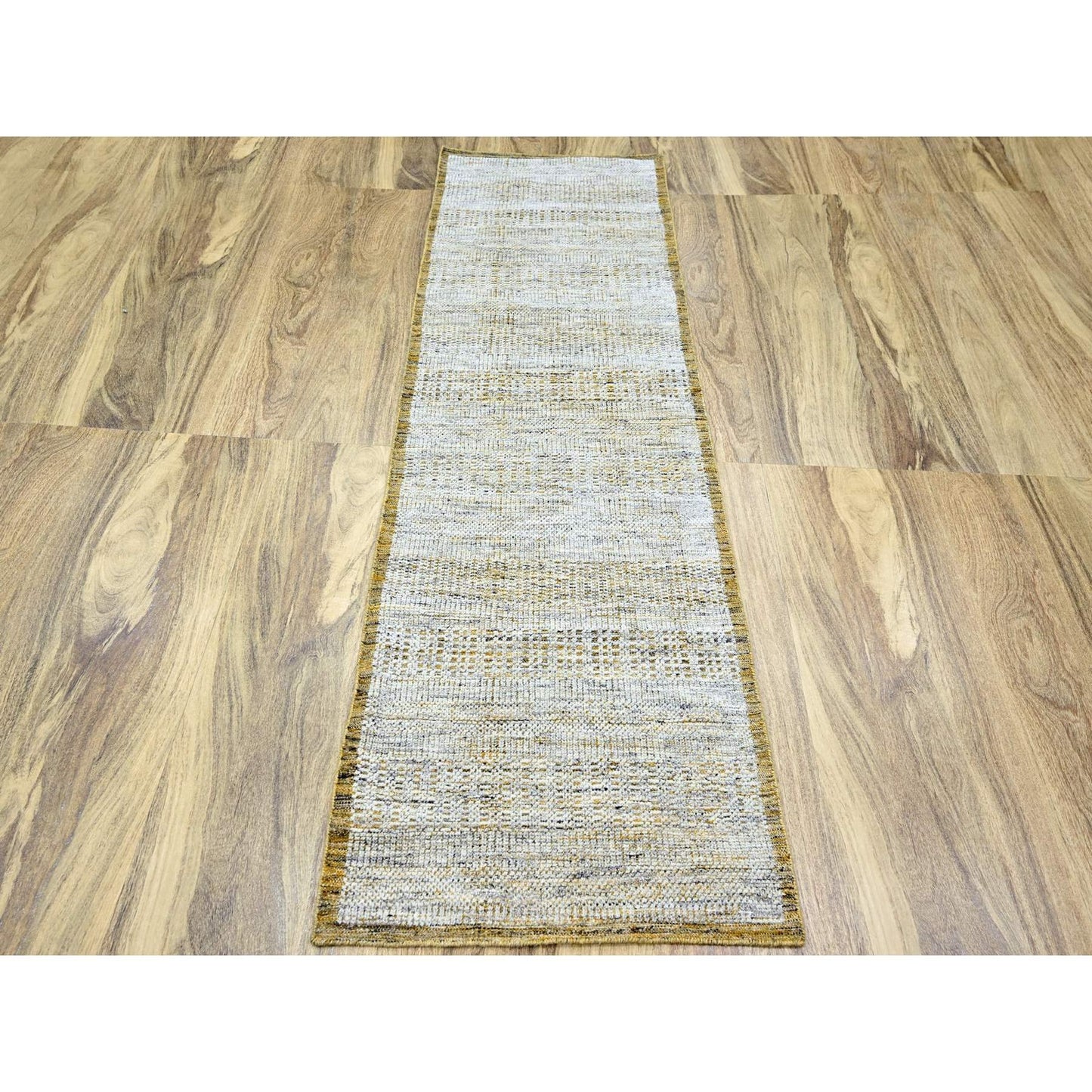 2'7"X8'2" White & Gold Hand Knotted Oxidized Grass Design Wool Runner Rug