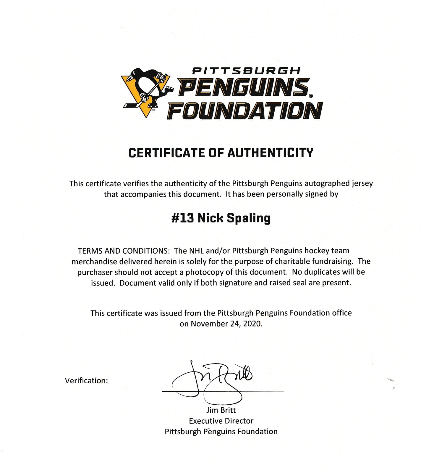 Nick Spaling Signed Penguins Reebok