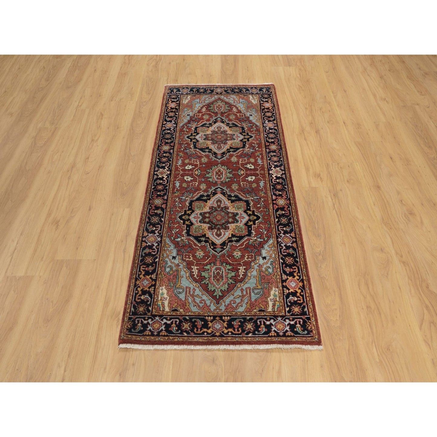 2'8"X6'2" Red Antiqued Heriz Re-Creation Hand Knotted All Wool Runner Rug