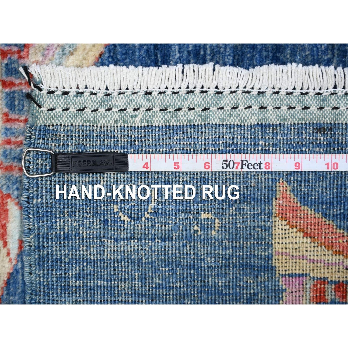 4'X11'7" Blue Wool Hand Knotted Peshawar Oceanic Fish Wide Runner Rug