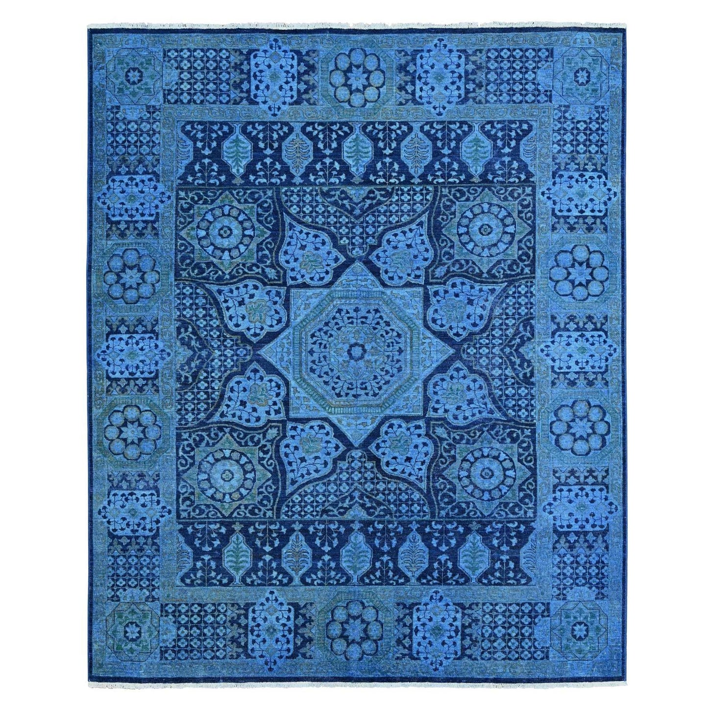 8'X9'6" Blue Peshawar Mamluk Design Distressed 100% Wool Hand Knotted Rug
