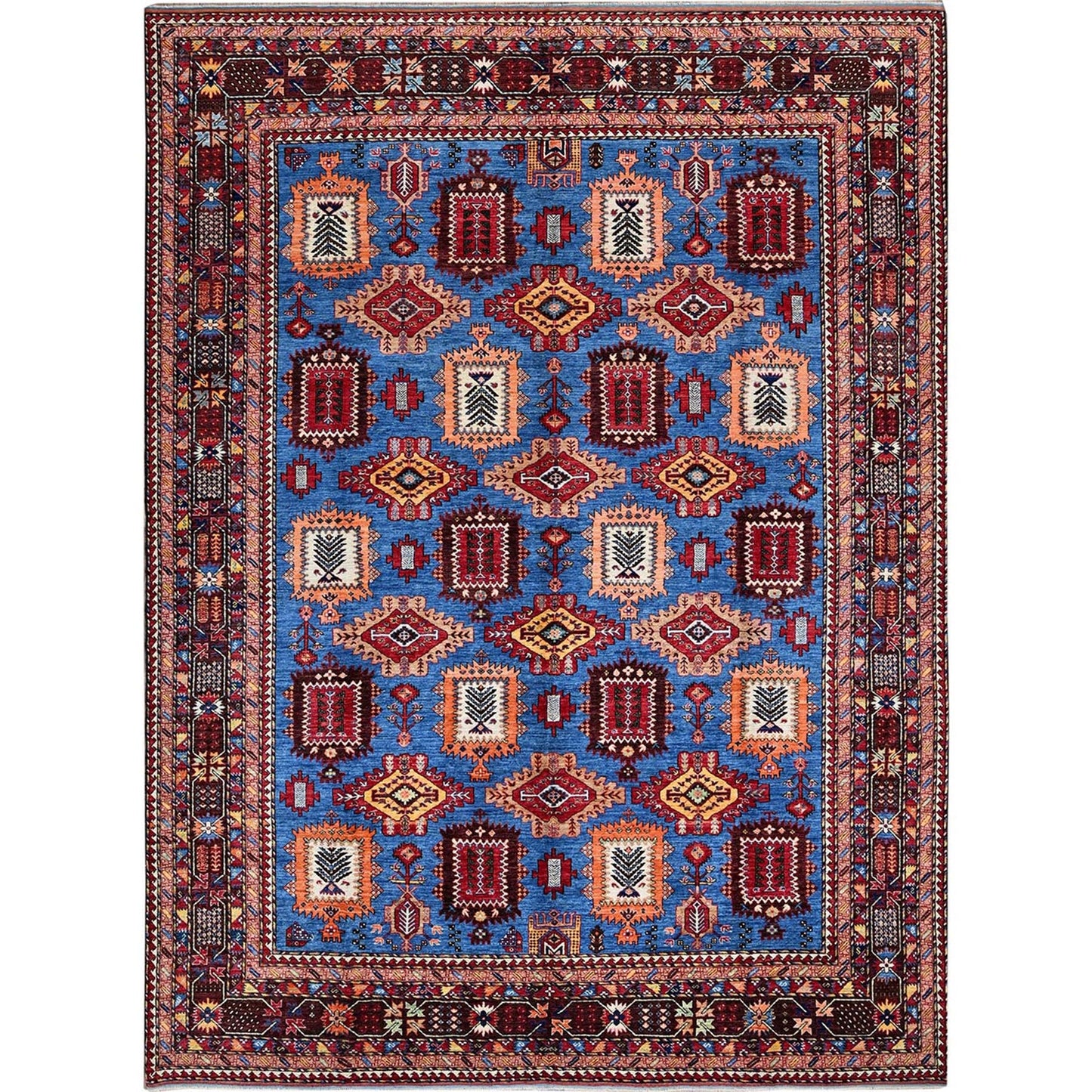 10'1"X13'4" Blue Afghan Caucasian Design Revival Hand Knotted Soft Wool Rug