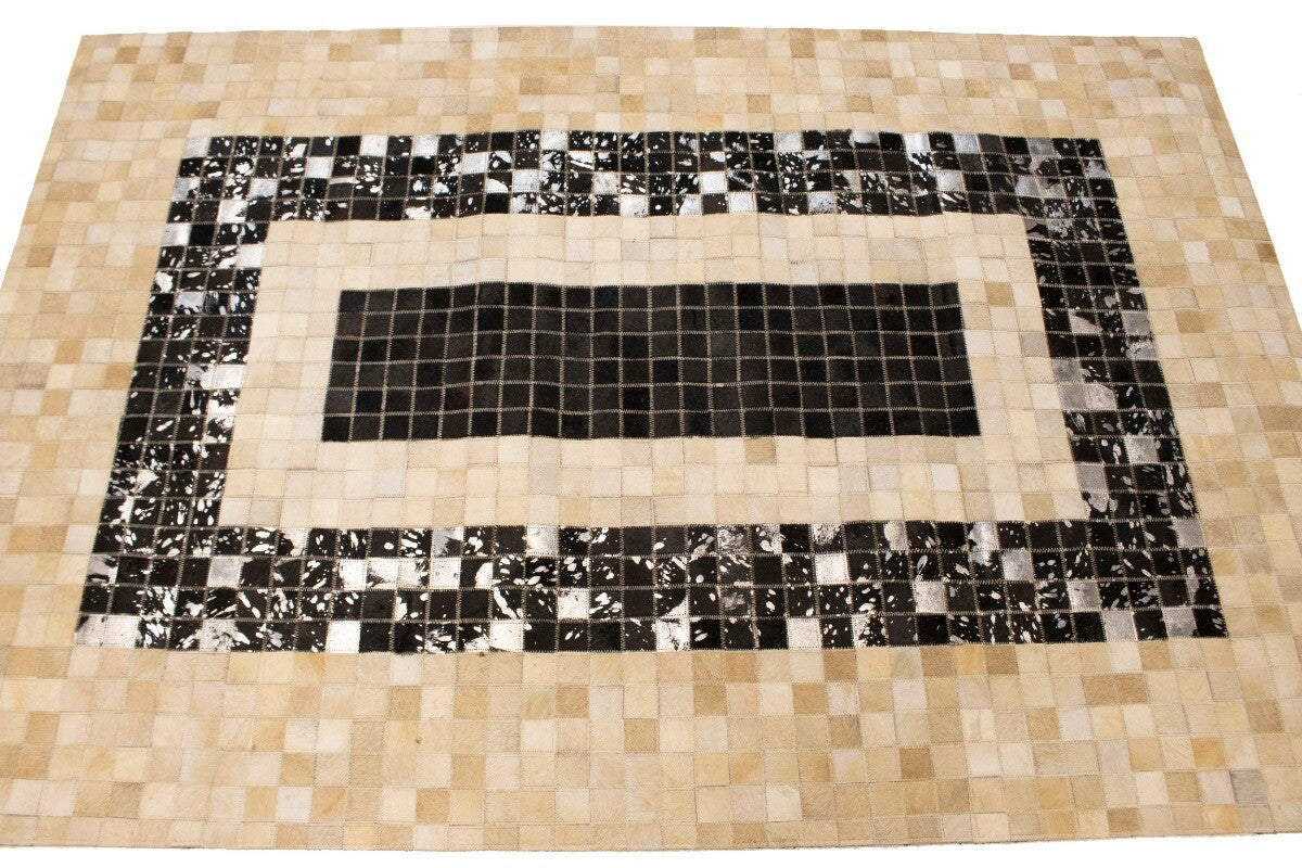 Hand-Stitched Black Beige Cowhide Leather Rug 4X6