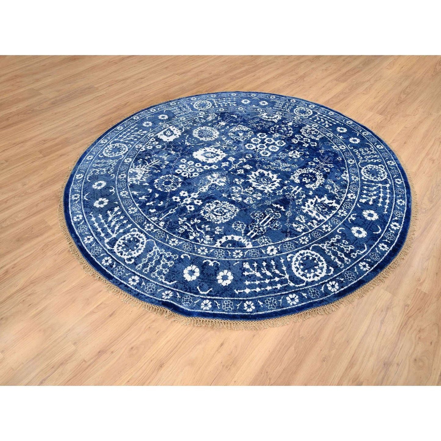 8'2"X8'2" Denim Blue Wool And Silk Hand Knotted Tebraz Round Rug