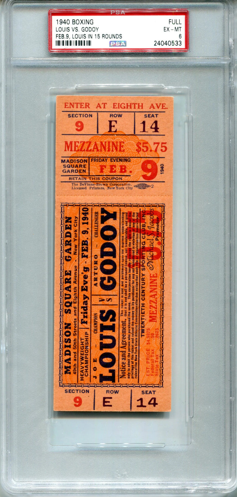 1940 Feb 9 Full Boxing Ticket Louis Vs. Godoy Psa 6