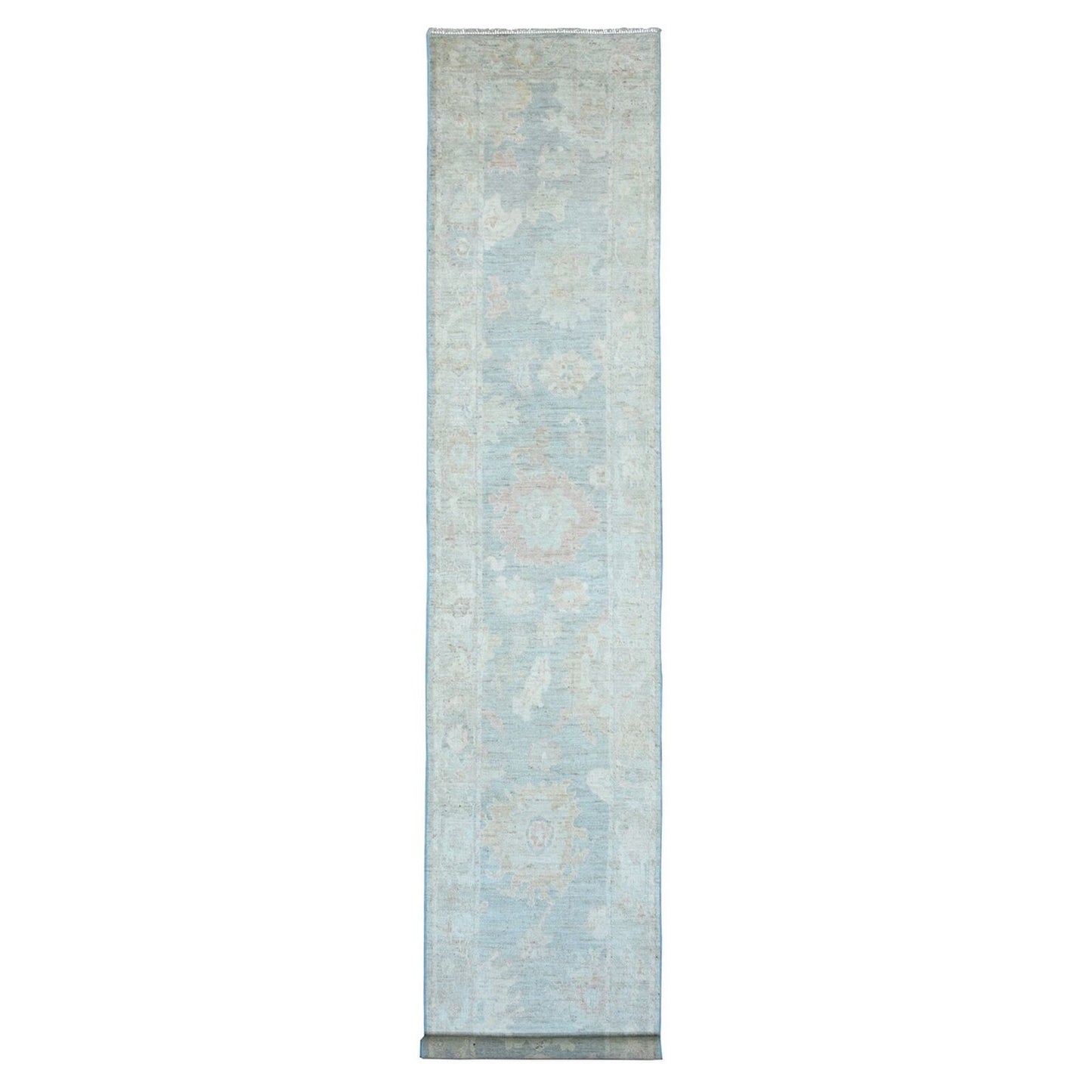 3'X15'6" Blue Angora Oushak Leaf Design Hand Knotted Pure Wool Runner Rug