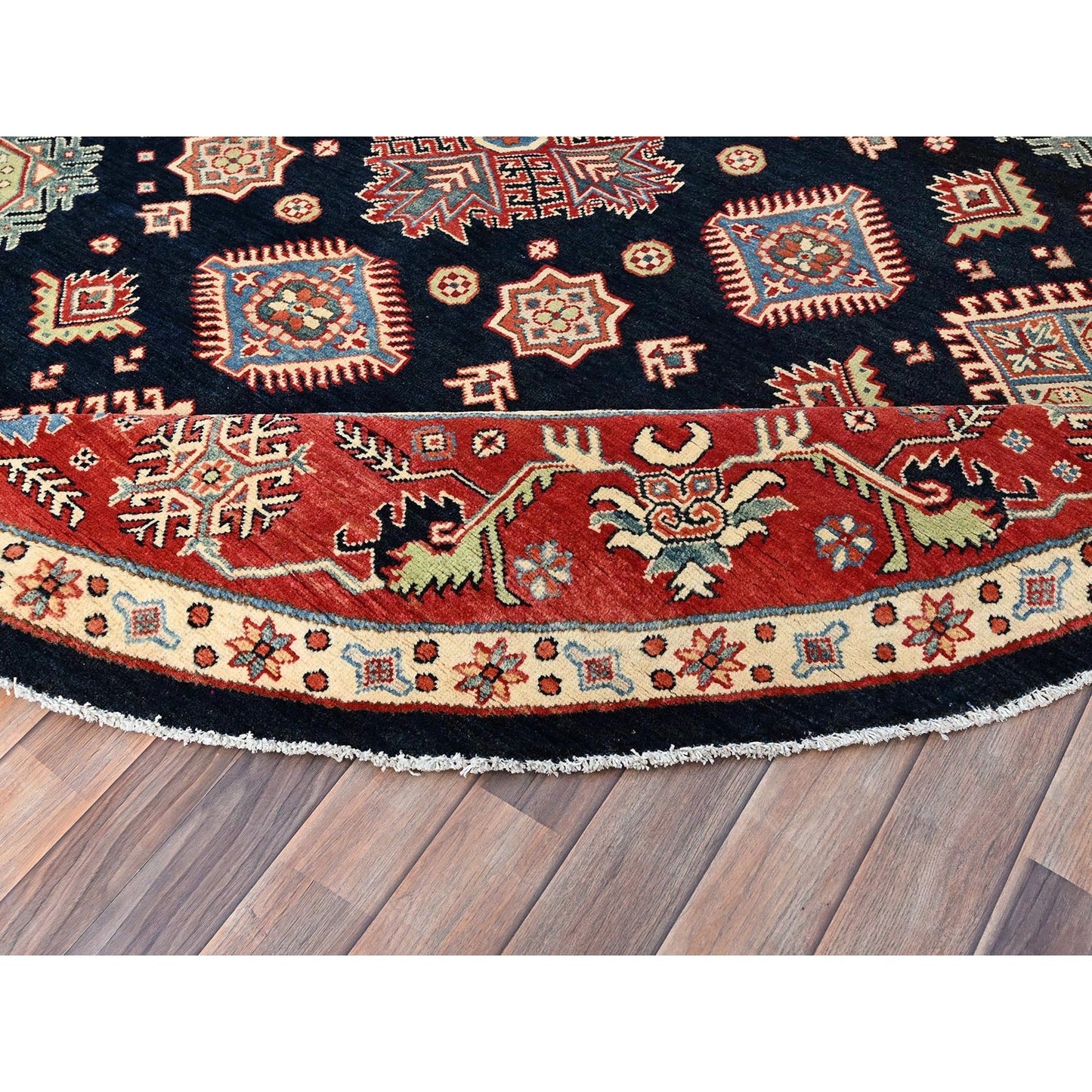9'X9' Blue Special Kazak Geometric Wool Hand Knotted Round Oriental Rug