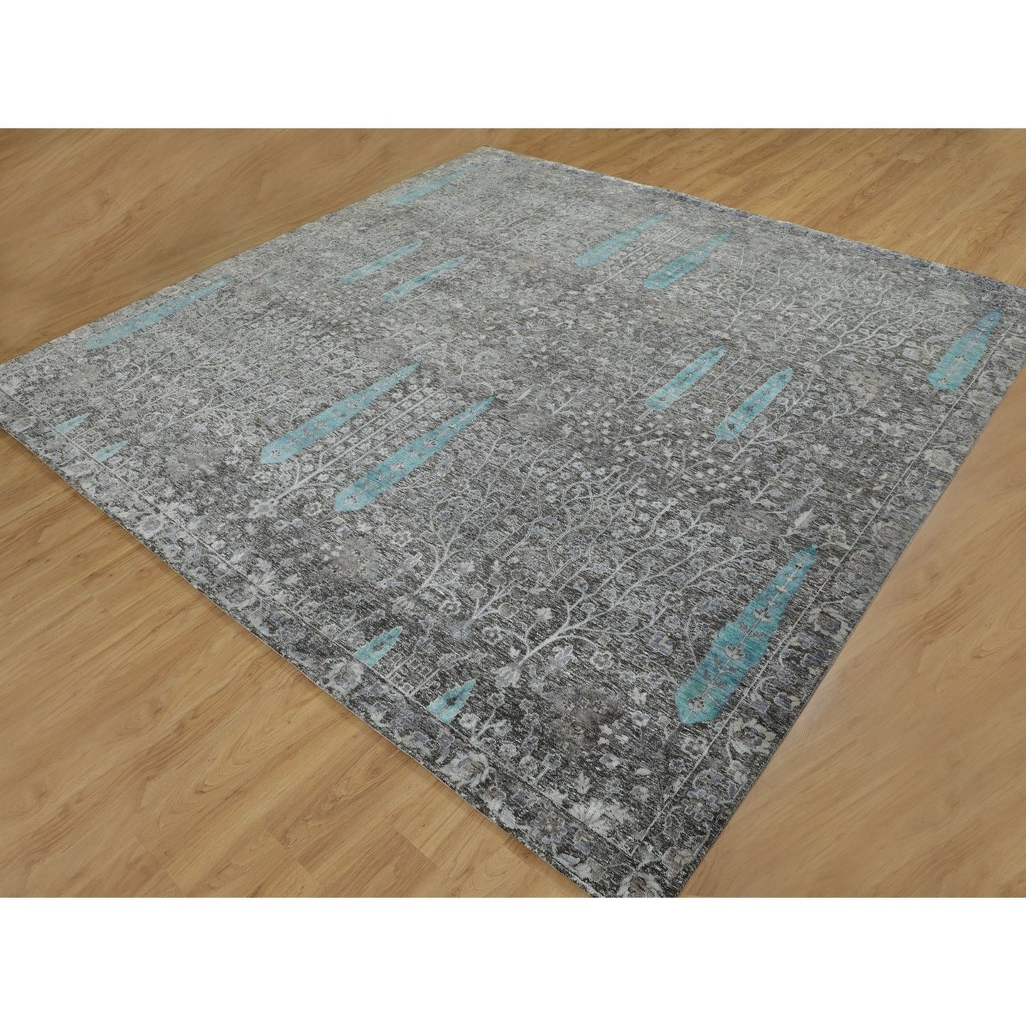 10'X10' Square Cypress Tree Design Silk Withtextured Wool Handknotted Rug