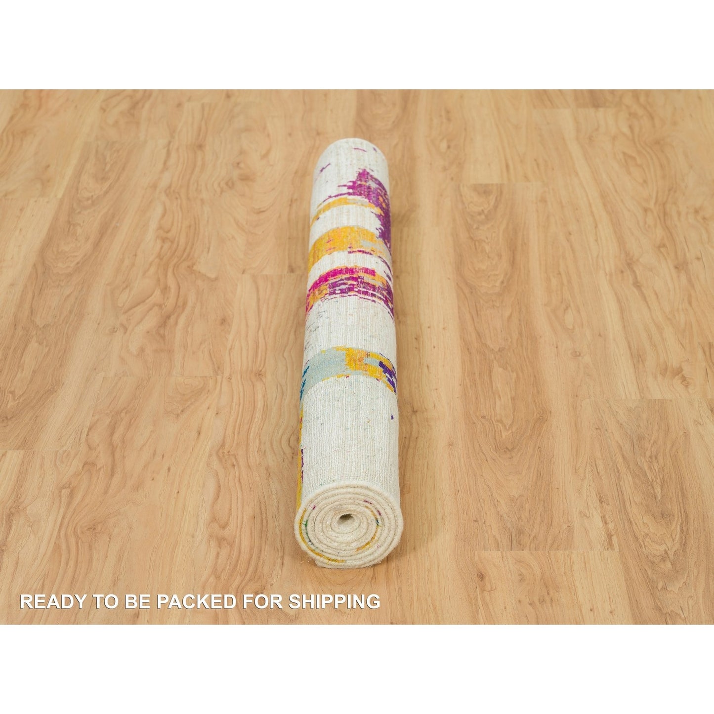 4'X5'10" Castle Ivory Abstract Motifs Wool And Sari Silk Hand Knotted Rug