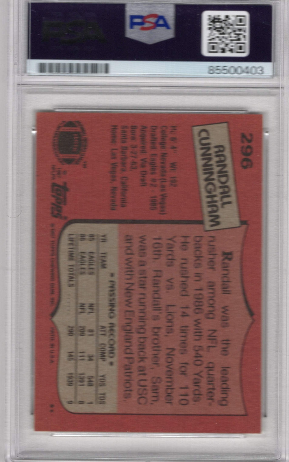 Randall Cunningham 1990 Fleer Autographed Card PSA Auto Grade 10 Card