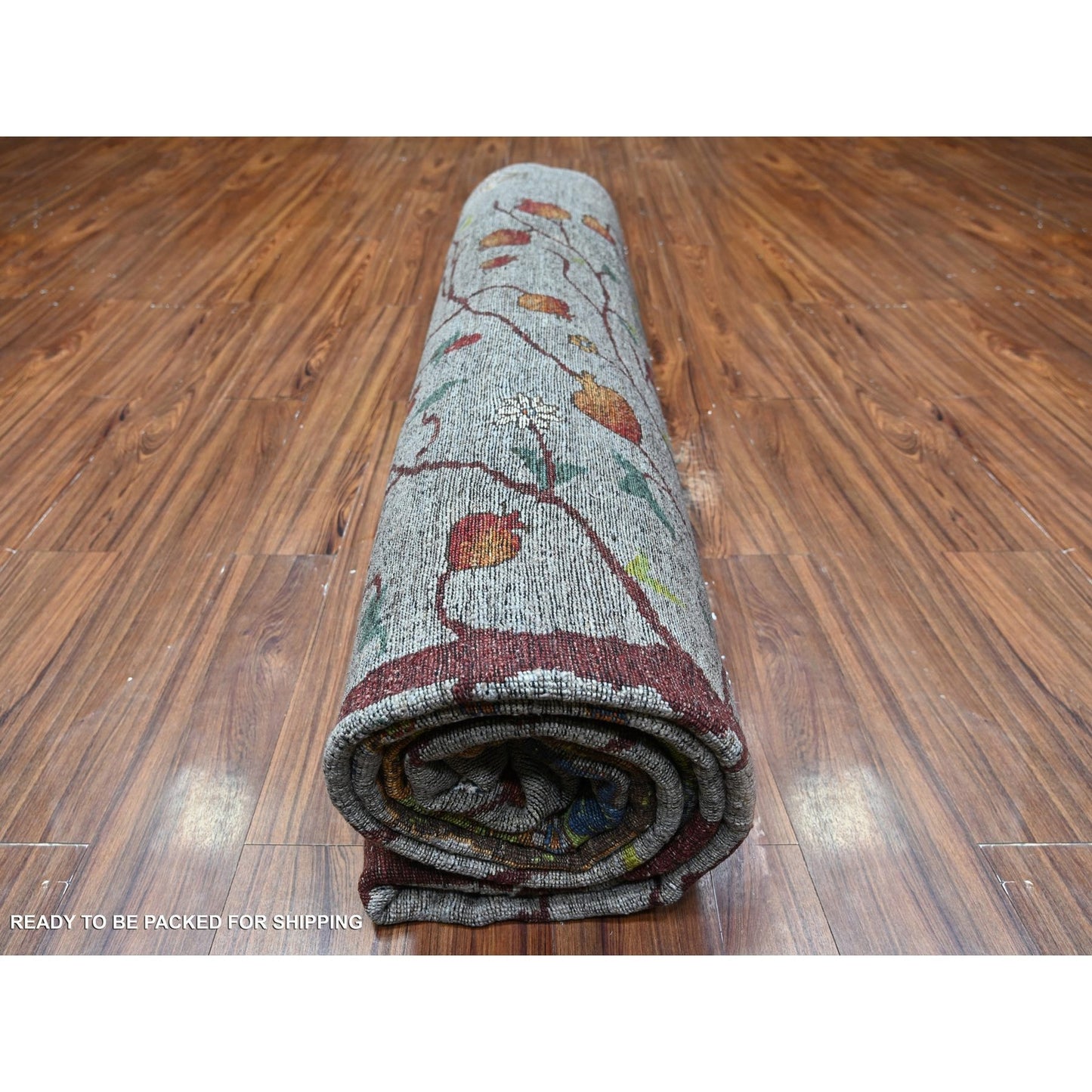 10'X13'10" Screen Gray Wool Hand Knotted Folk Art Willow Cypress Tree Rug