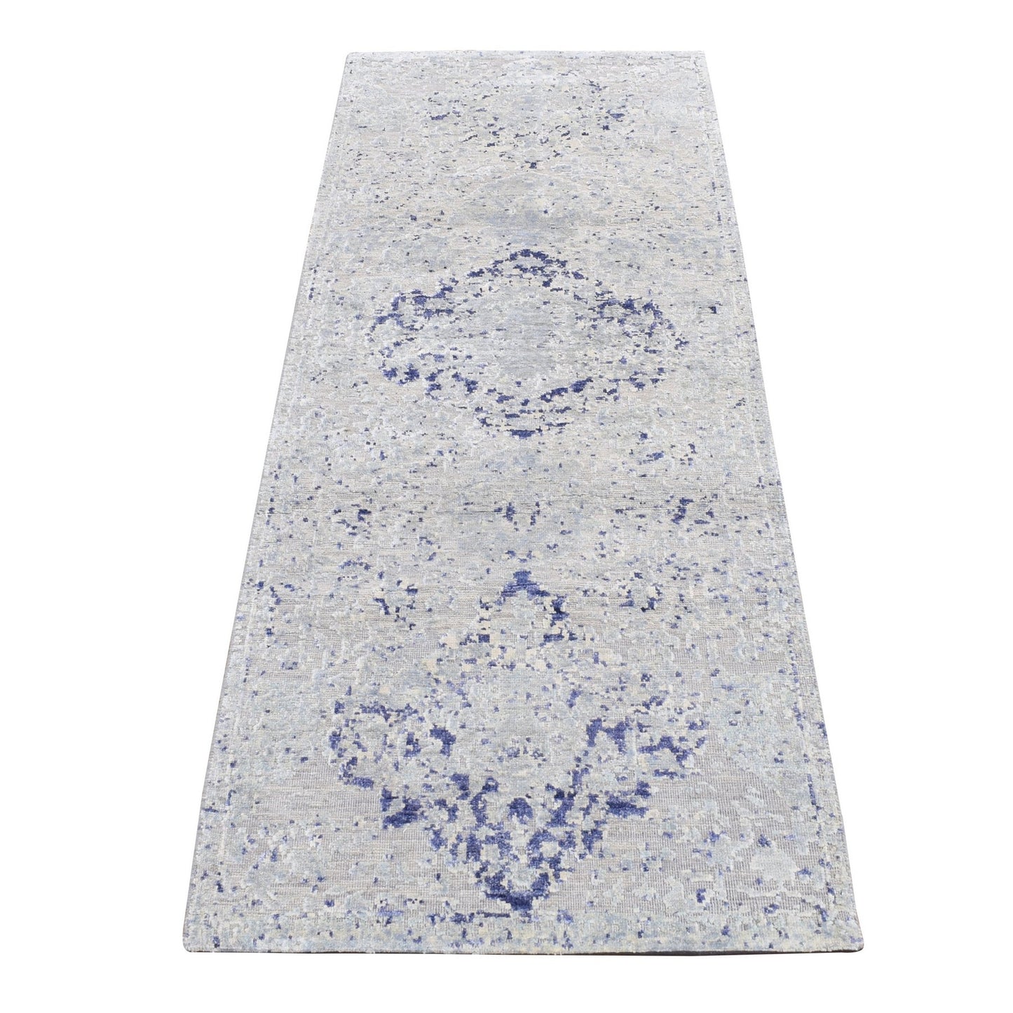 2'5"X6'1" Gray Cypress Trees Design Silk/Wool Hand Knotted Runner Rug