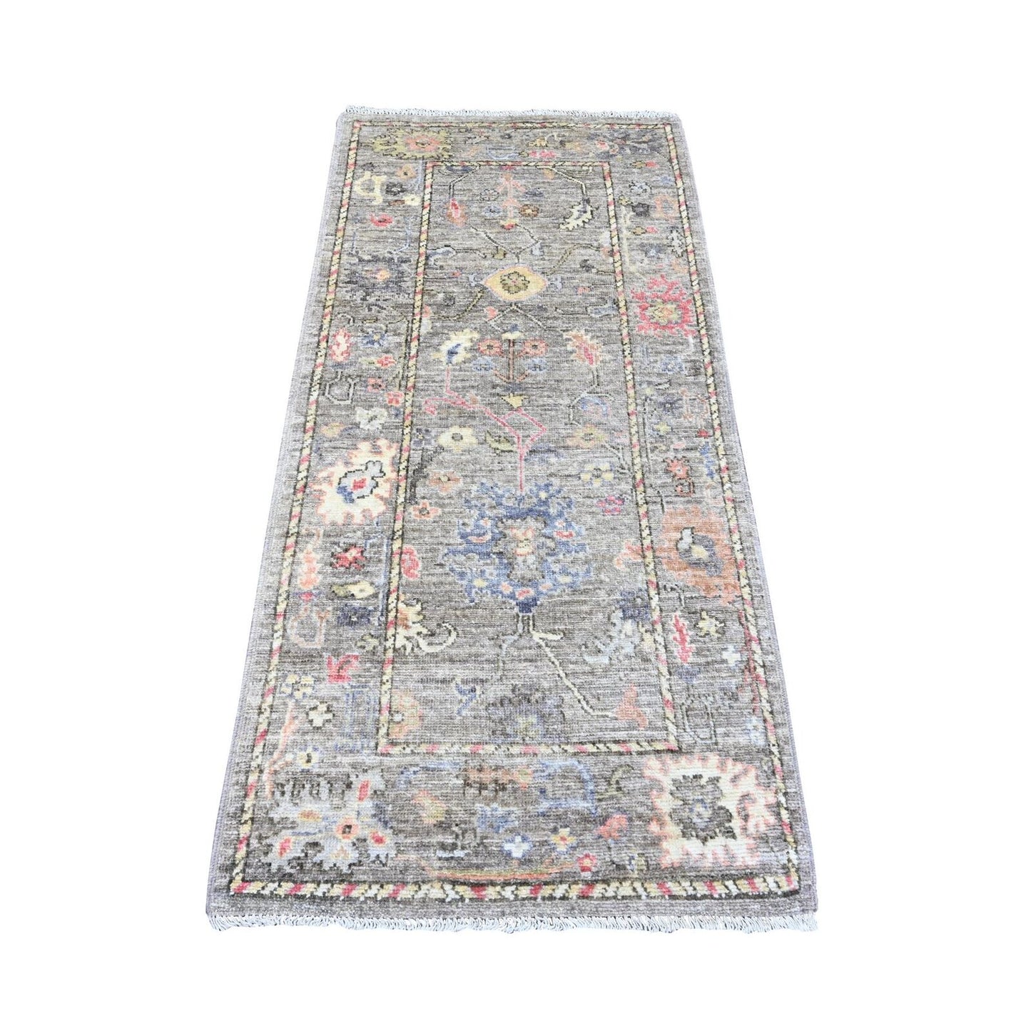 2'9"X5'10" Brown Angora Oushak Vines Design Wool Hand Knotted Runner Rug