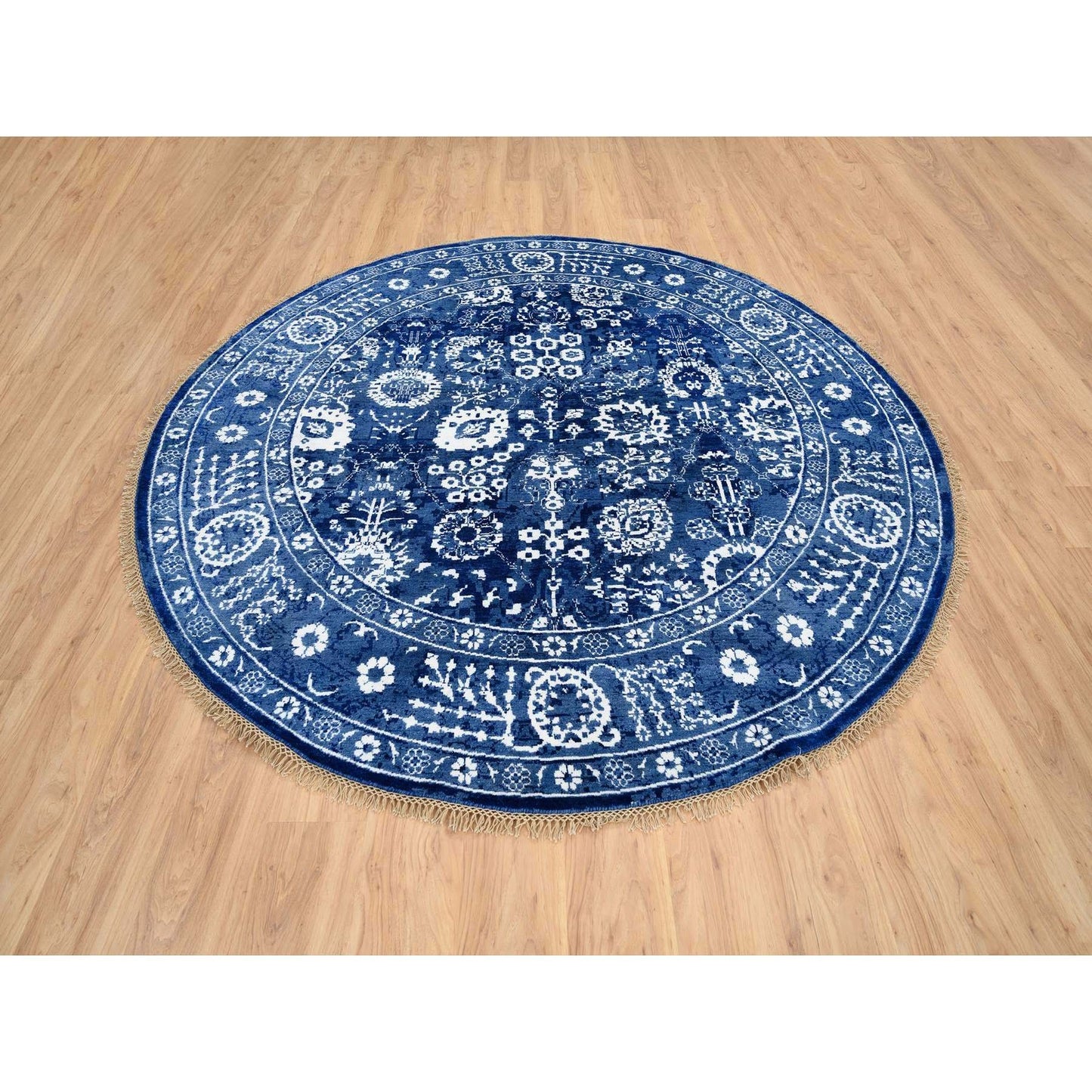8'2"X8'2" Denim Blue Wool And Silk Hand Knotted Tebraz Round Rug