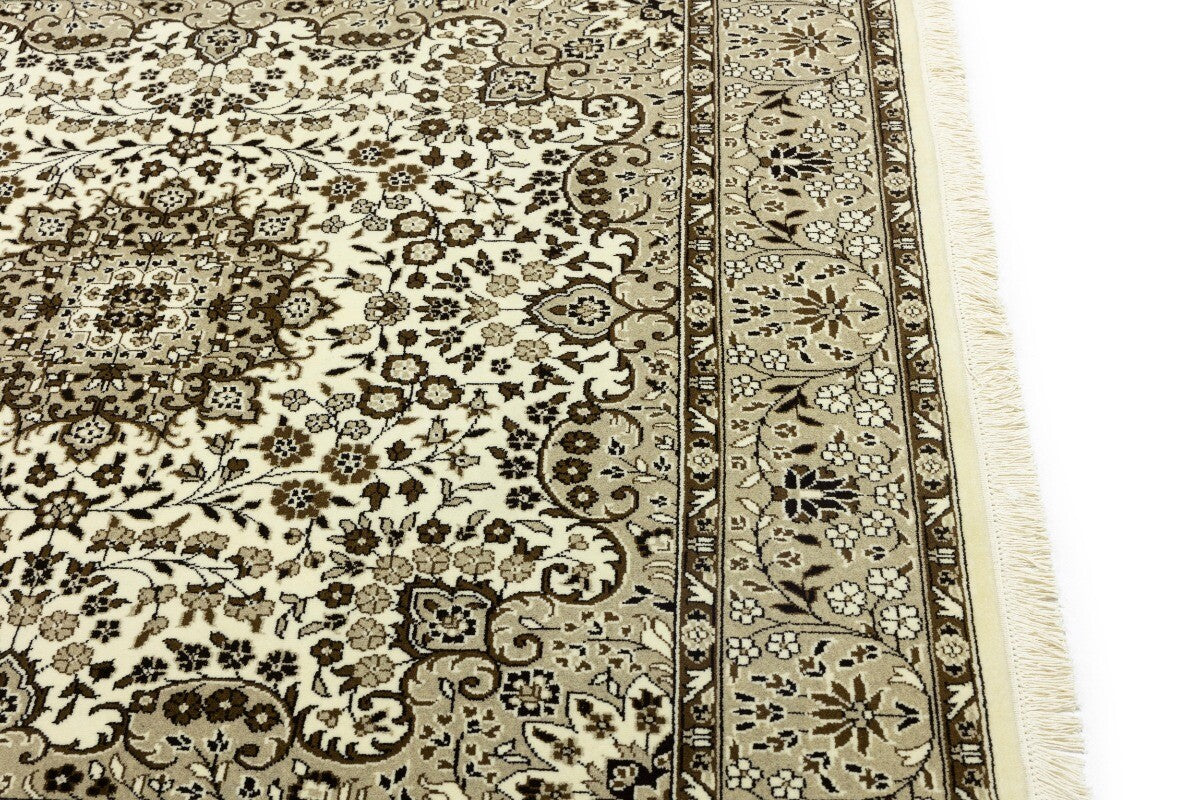 Hand-Knotted Kirman Square Rug Cream Floral Wool