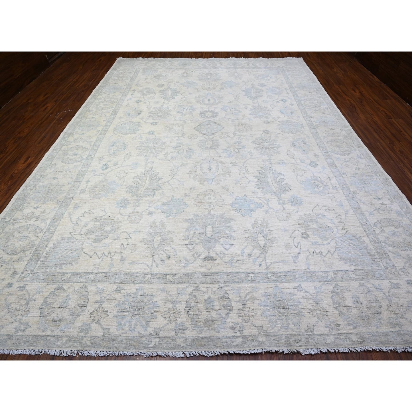 10'2"X14'1" Frost White Organic Wool White Wash Peshawar Hand Knotted Rug