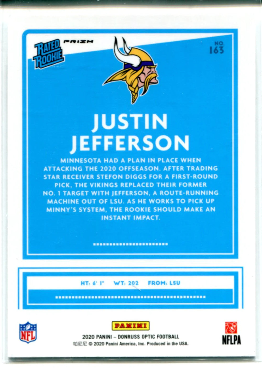 Justin Jefferson 2020 Panini Optic Rated Rookie Silver Prizm Card #163