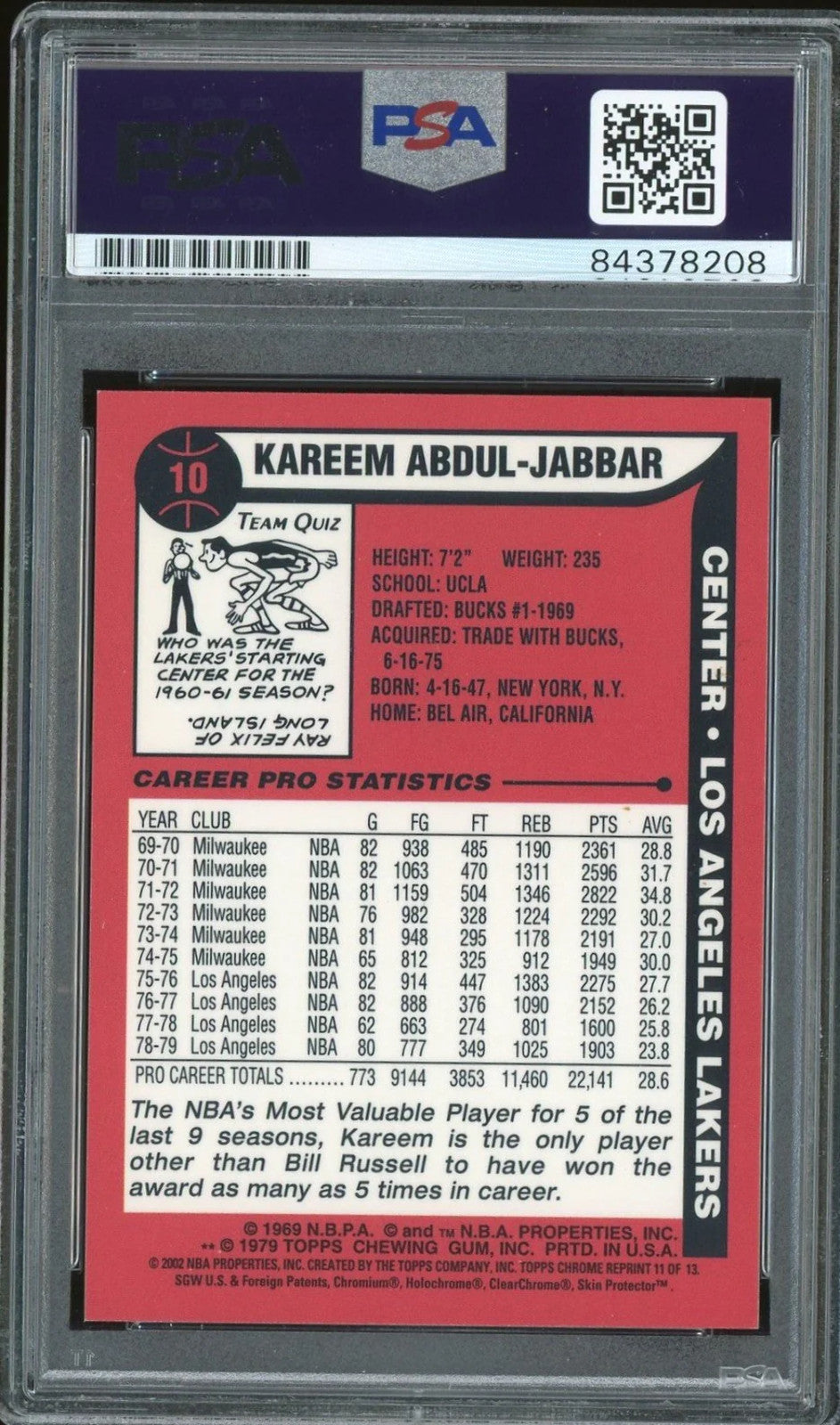 Kareem Abdul-Jabbar Autographed 2002 Topps Chrome Card (Psa)