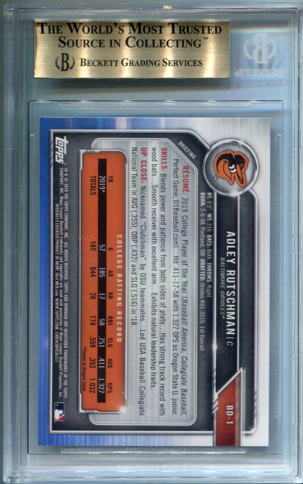 Adley Rutschman 2019 1St Bowman Draft Purple Rookie Card #Bd1 Bgs 9.5