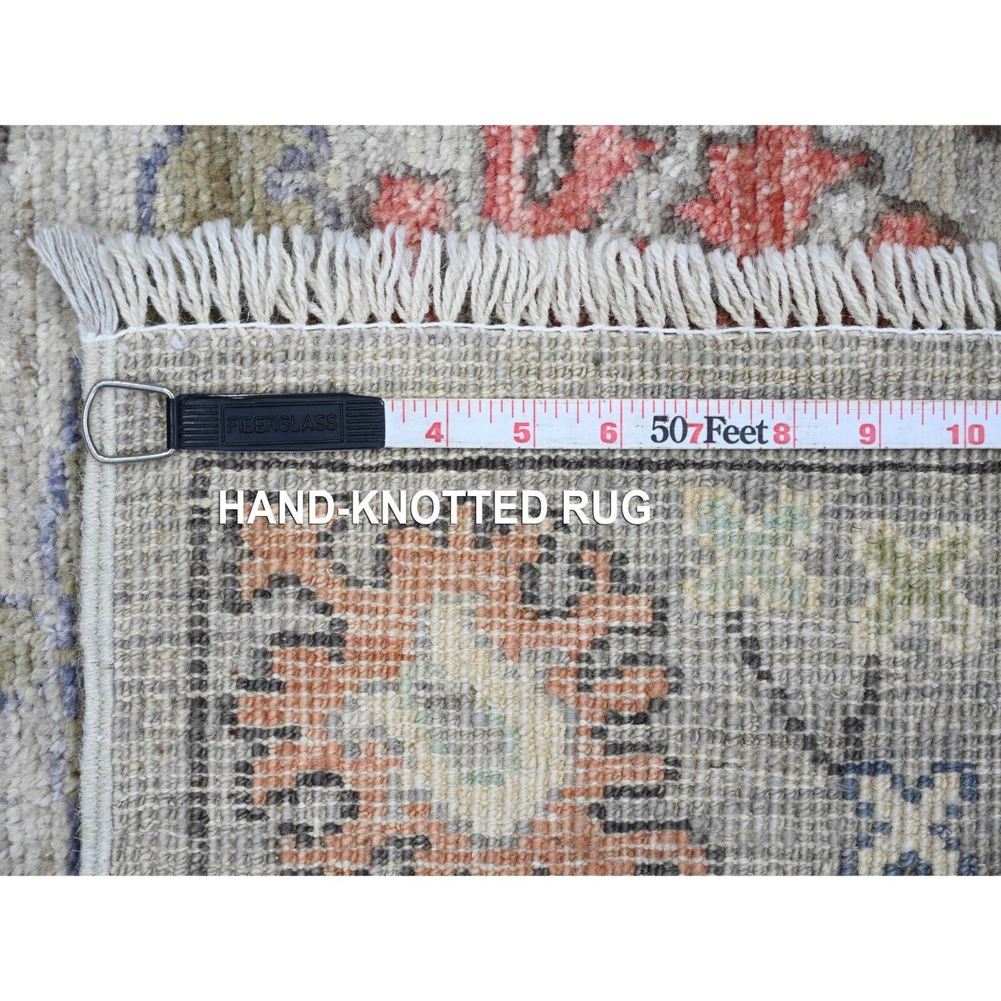 3'X11'7" Gray Hand Knotted Angora Oushak Leaf Design Pure Wool Runner Rug