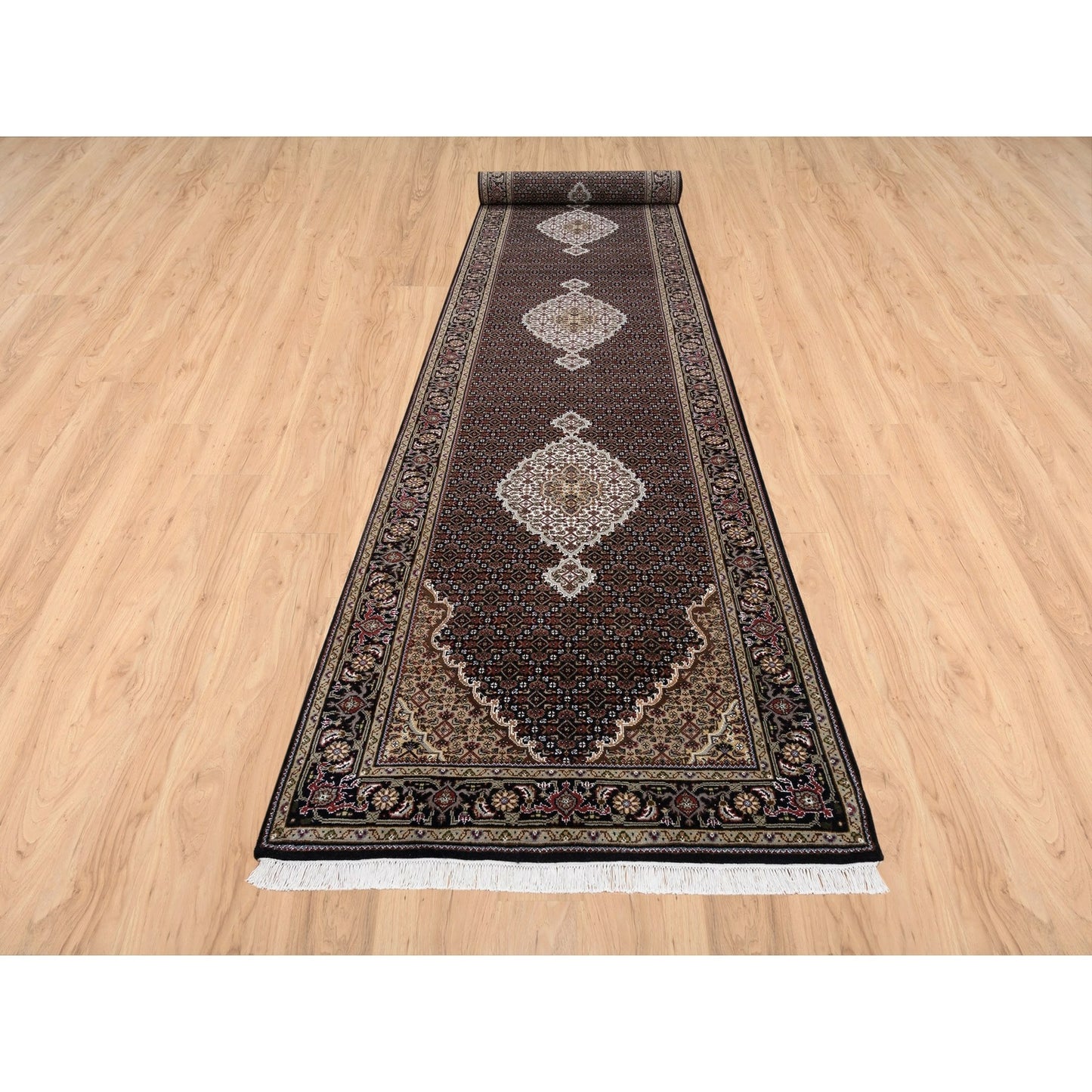 4'2"X20' Hand Knotted Wool And Silk Black Tebraz Mahi Wide Xl Runner Rug