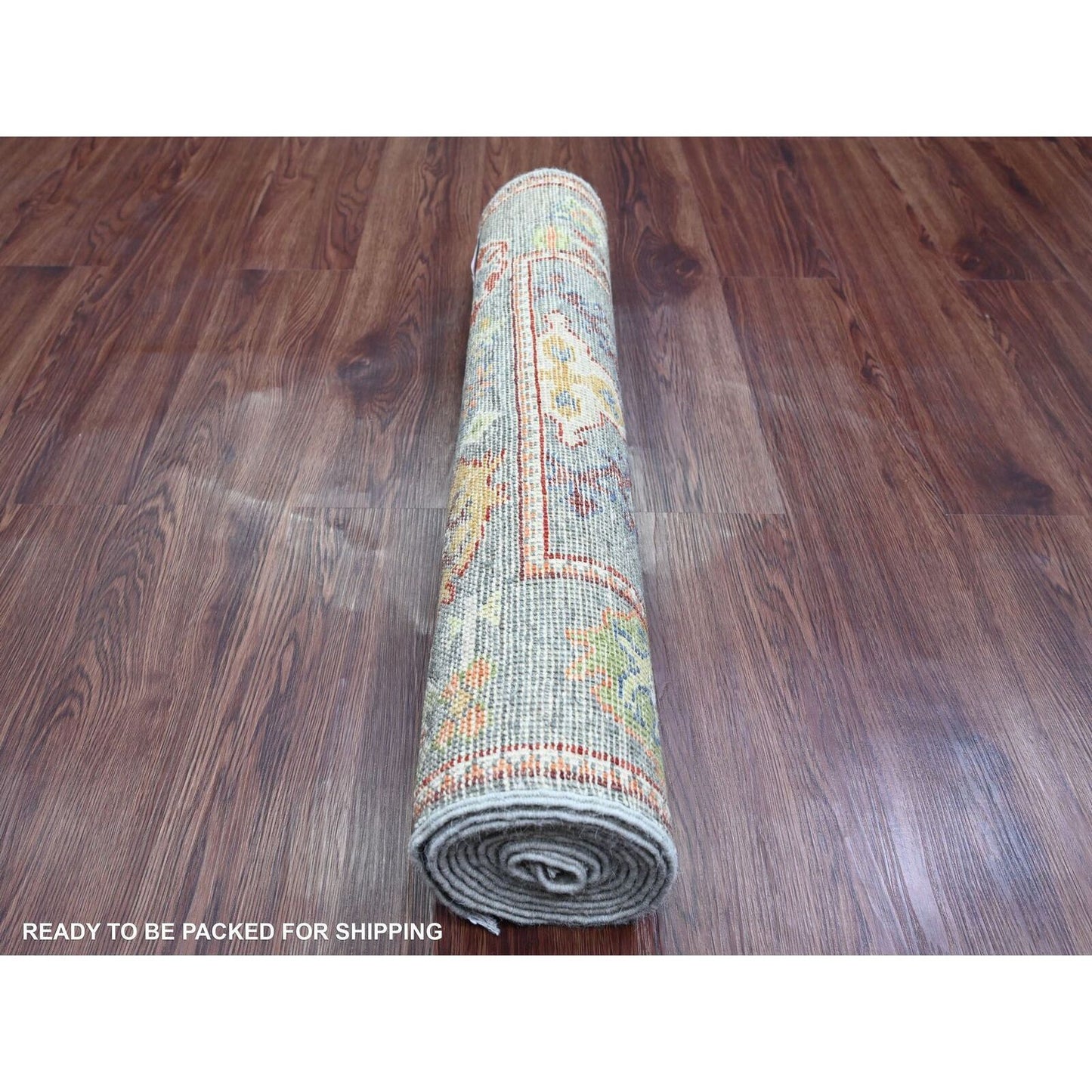 2'9"X9'6" Gray Angora Oushak Leaf Design Hand Knotted All Wool Runner Rug