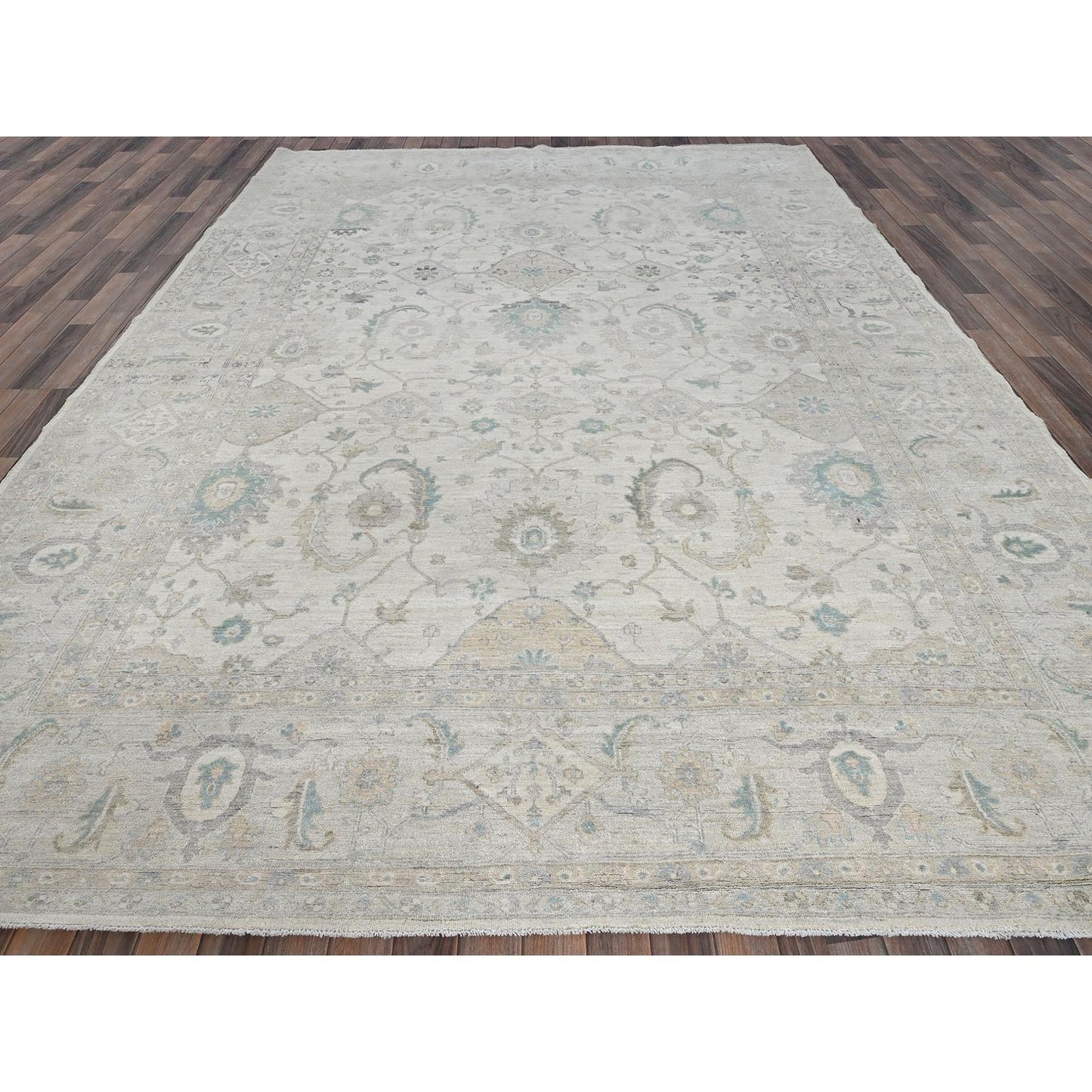 9'1"X11'8" Chiffon White White Wash Peshawar Hand Knotted Pure Wool Rug