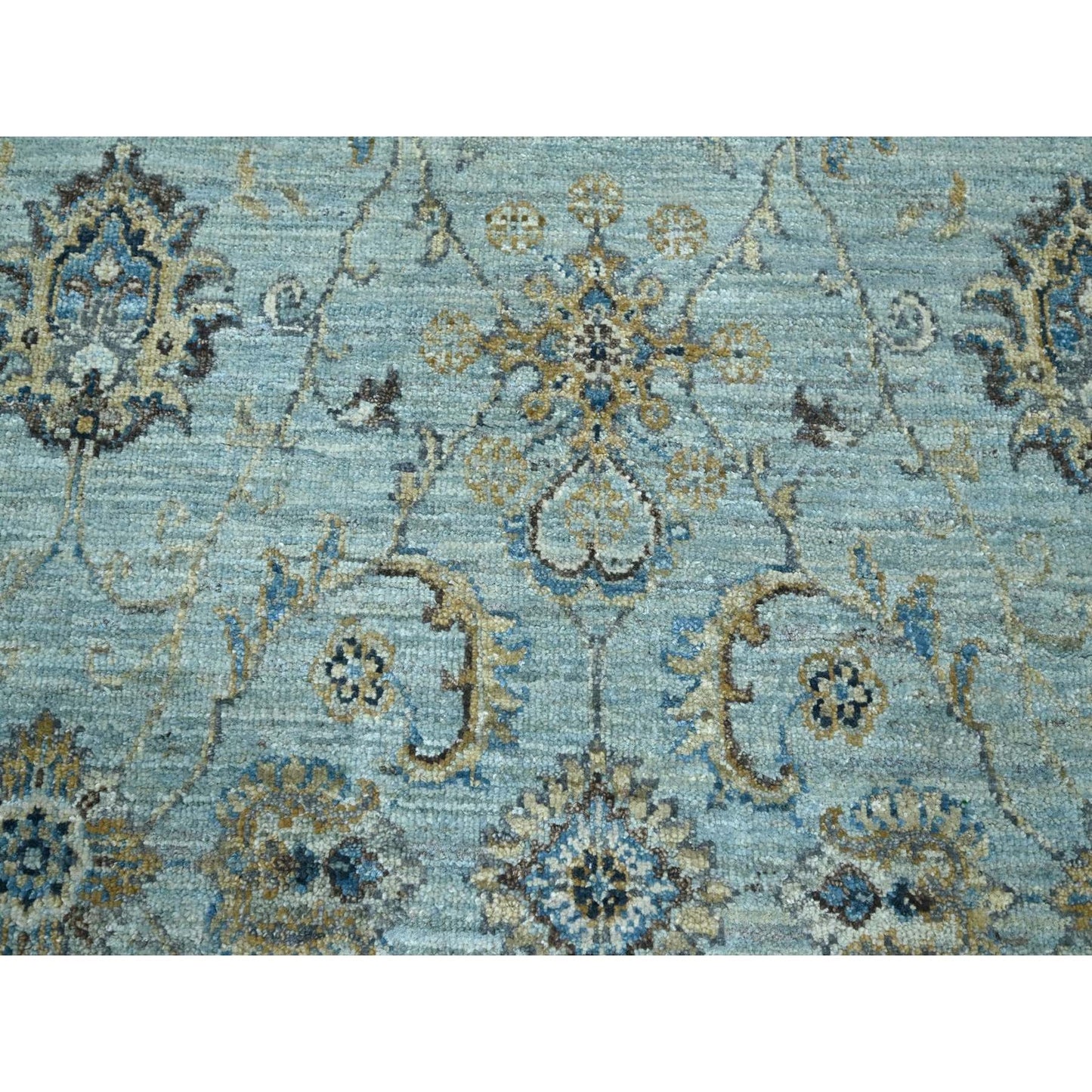 6'X9'1" Baby Blue Hand Knotted Agra Shah Abbas Vines Design Pure Wool Rug