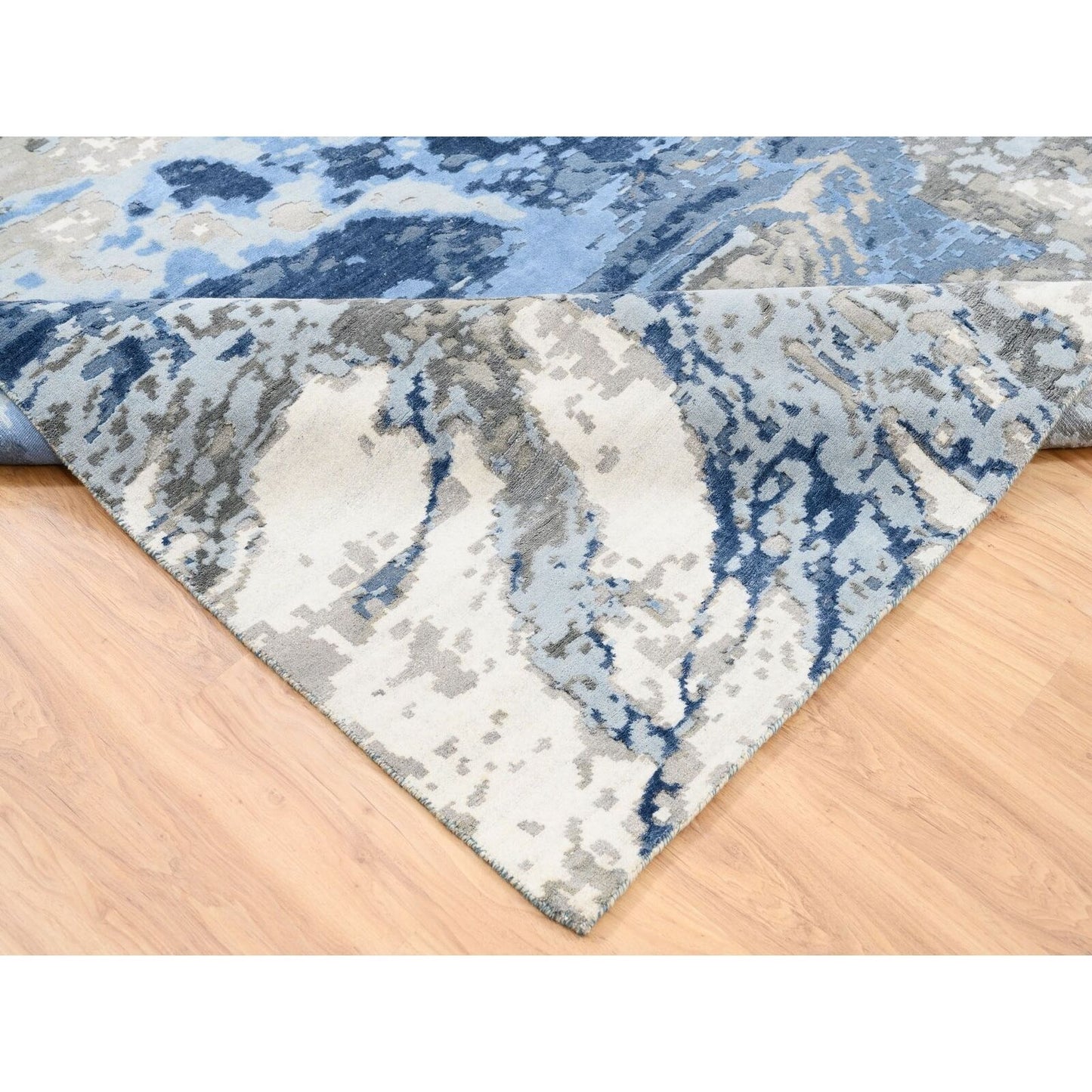 10'1"X10'1" Blue Abstract Design Wool And Silk Hand Knotted Square Rug