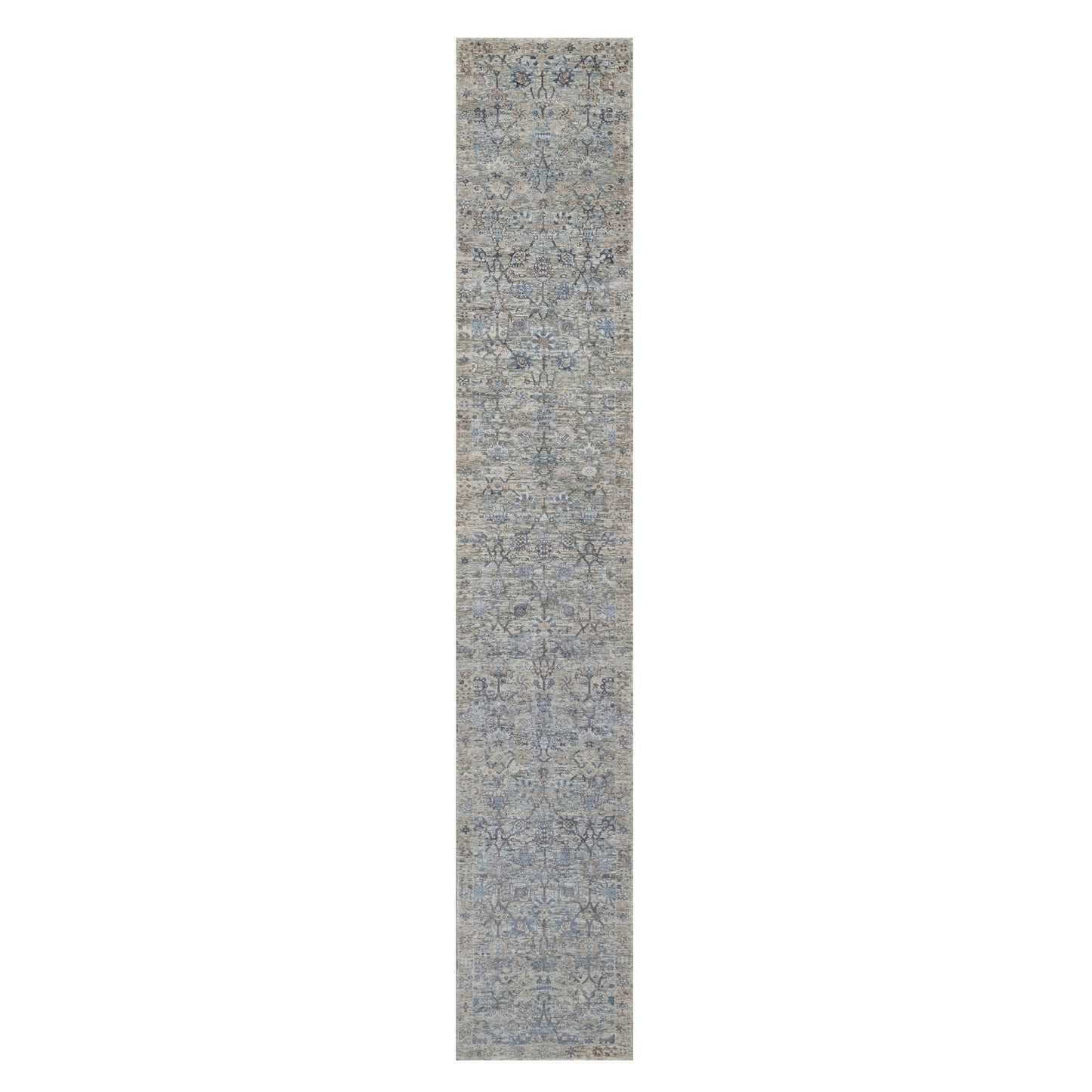 2'7'X15'9" White Hand Knotted Sickle Leaf Design Silk & Wool Runner Rug