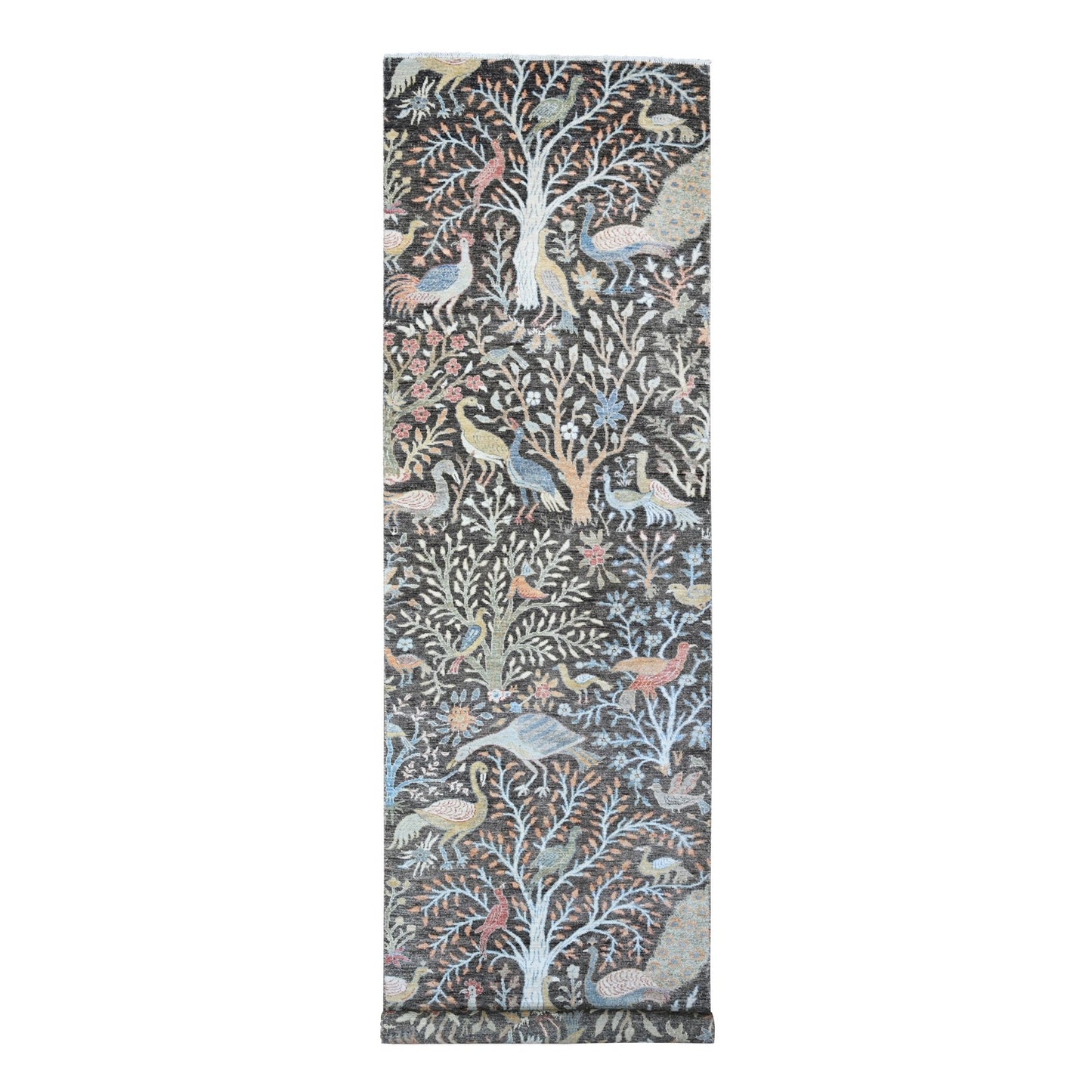 4'X15'10" Gray Hand Knotted Wool Birds Paradise Peshawar Wide Runner Rug