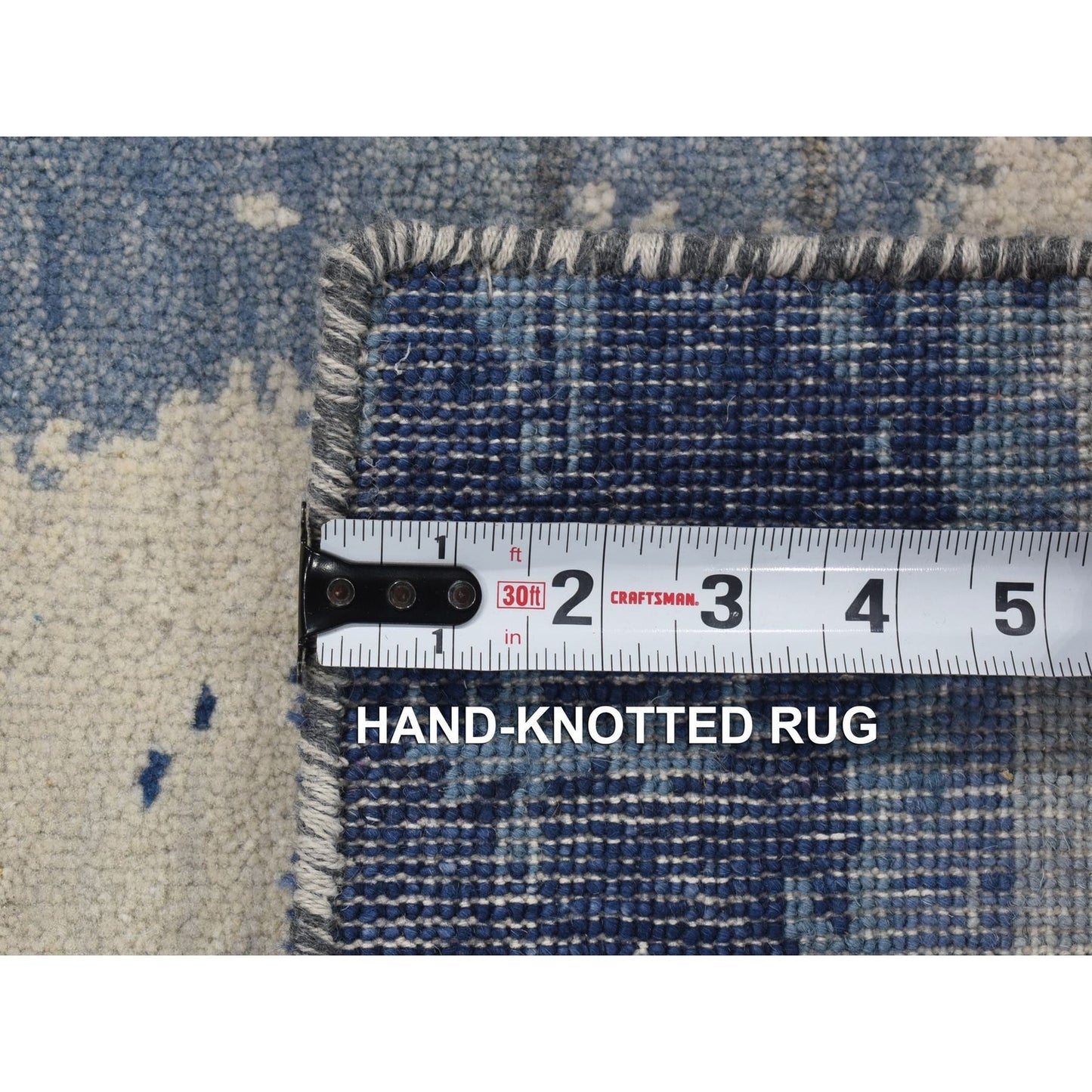 2'X3' Ivory-Denim Blue 100% Wool Hand Knotted Modern Abstract Design Rug