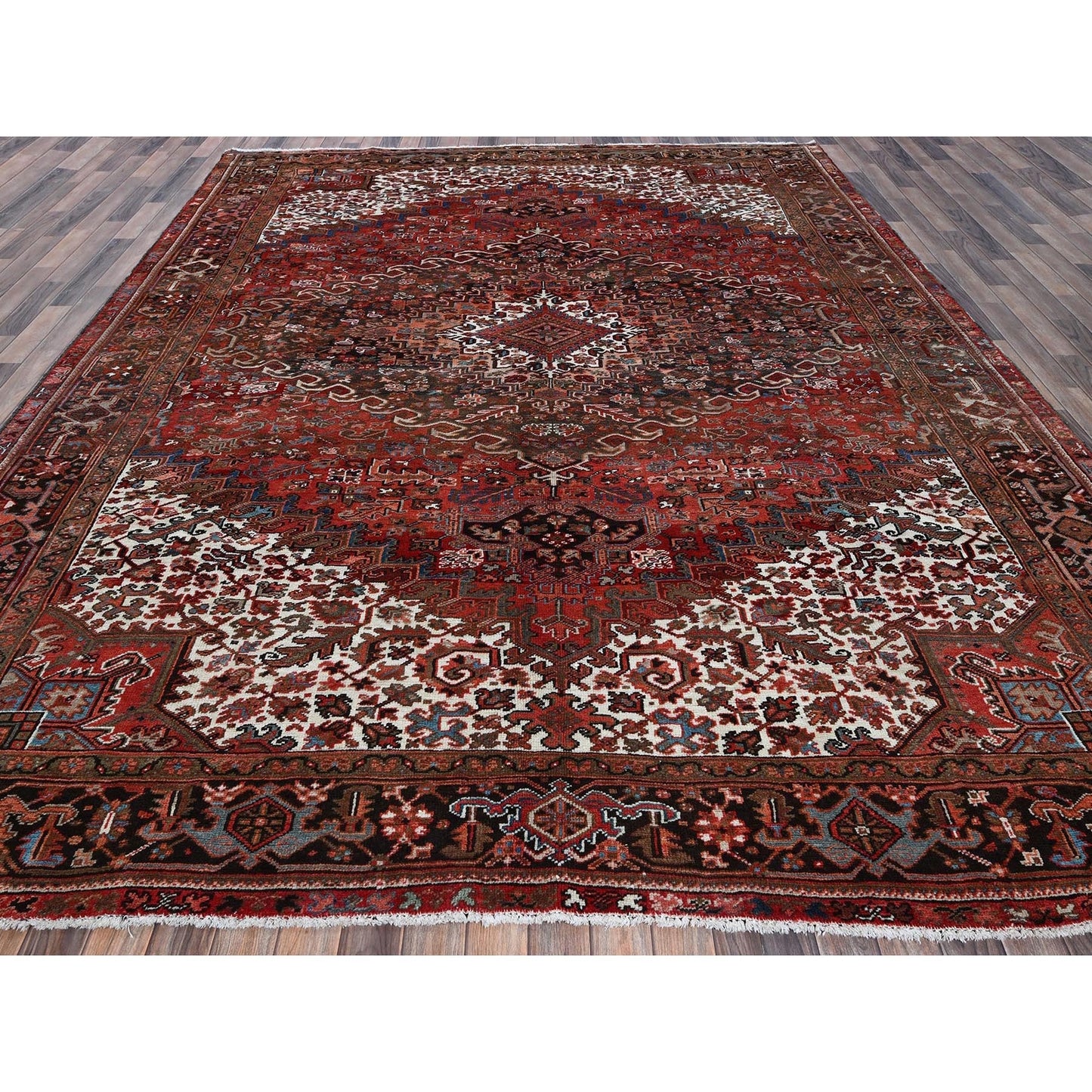 9'8"X12'4" Red Vintage Zoroastrian Heris Even Wear Wool Hand Knotted Rug
