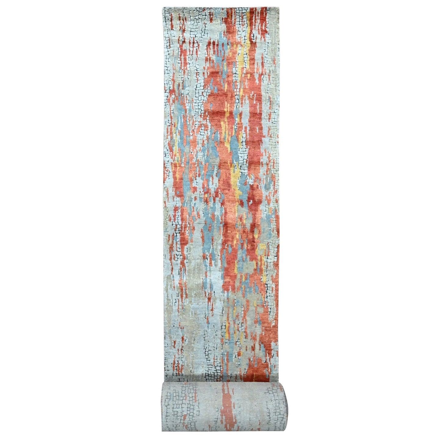 2'5"X25'8" Dark Coral Abstract Hand Knotted Wool And Silk Xl Runner Rug