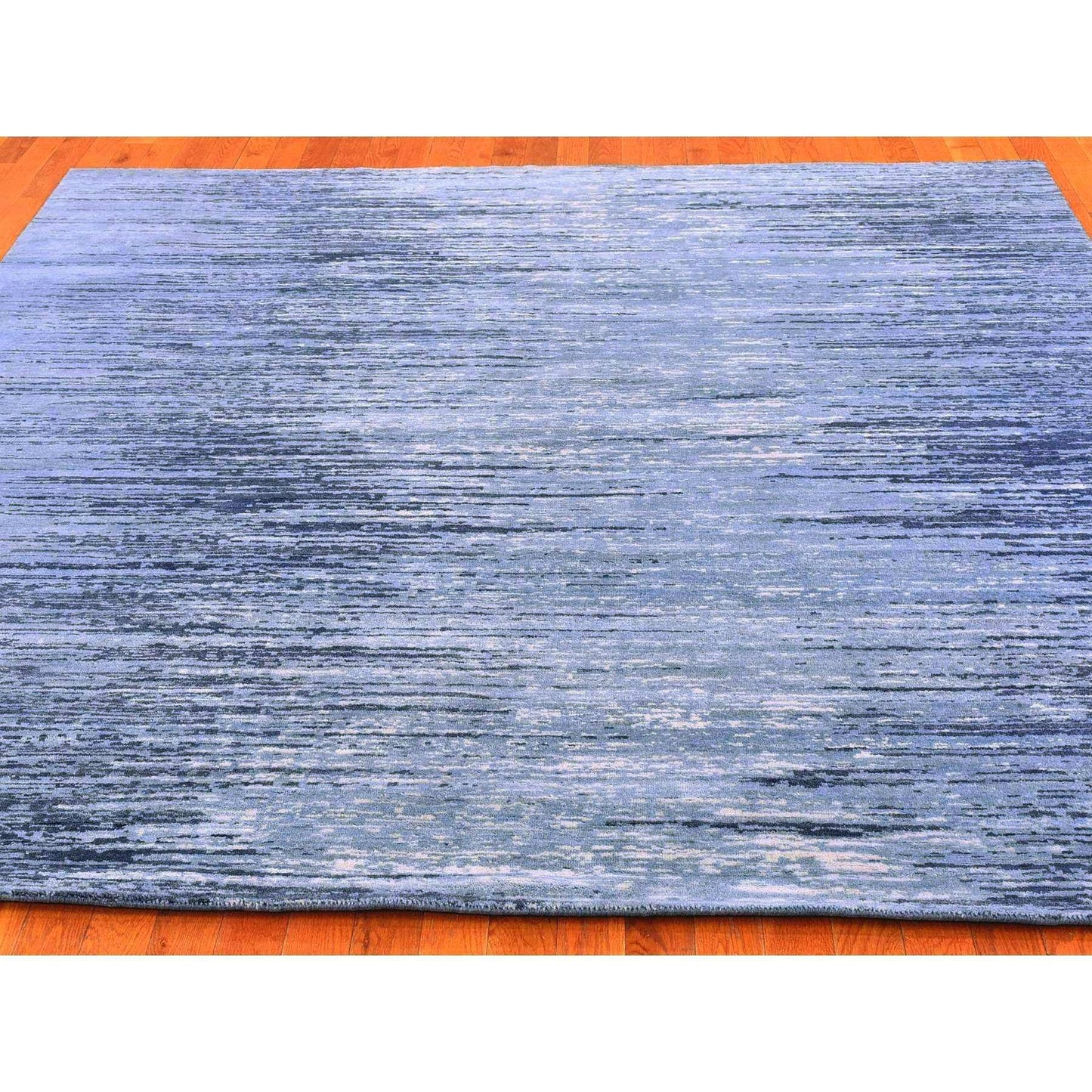 8'1"X8'1" Pure Wool Ombre Design Blue Oceanic Hand Knotted Square Rug