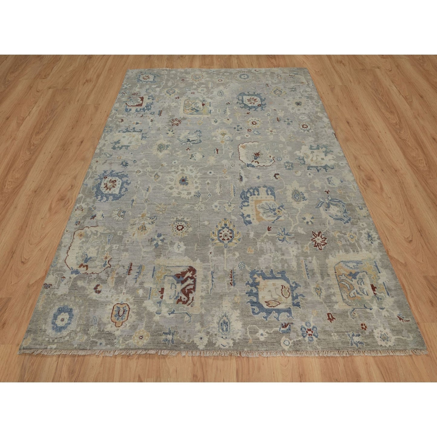6'1"X9' Agate Gray Oushak With Broken Pattern 100% Wool Hand Knotted Rug