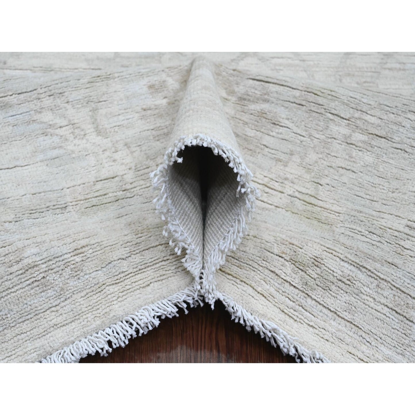 8'8"X11'5" White Hand Knotted Washed Out Peshawar Leaf Pattern Wool Rug