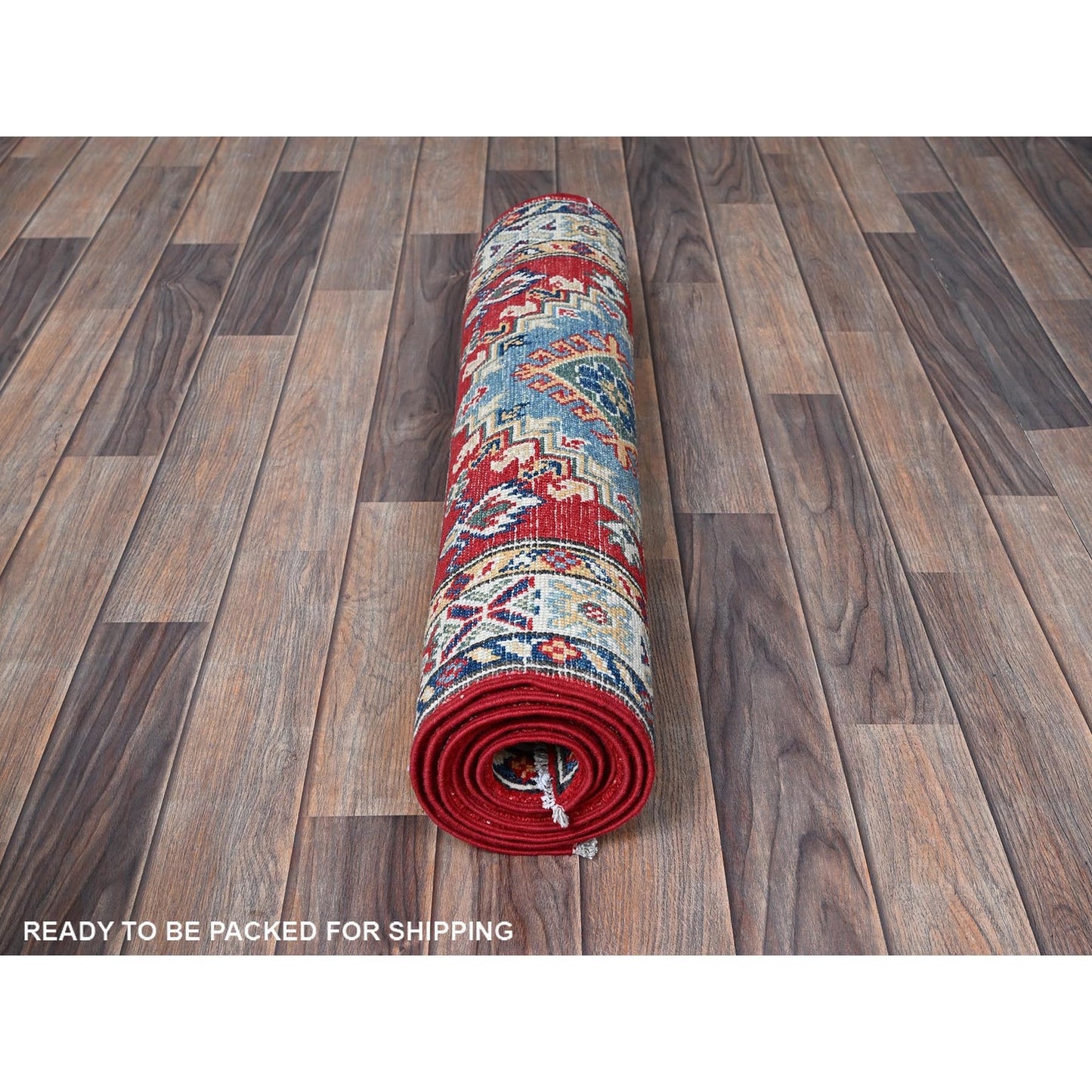 2'7"X6'9" Red Kazak Medallions Design Soft Wool Hand Knotted Runner Rug