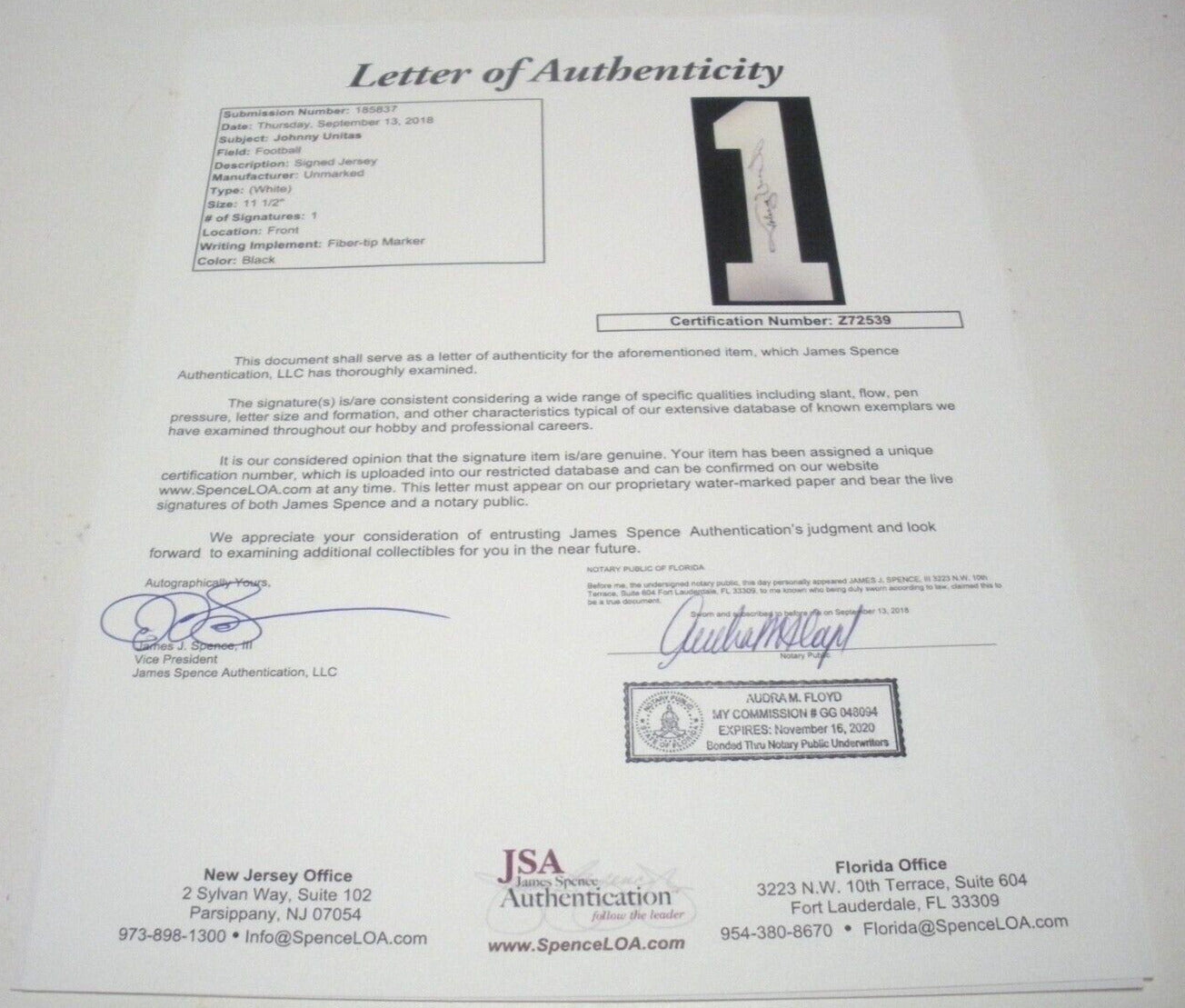Johnny Unitas Baltimore Colts Jsa/Coa Signed