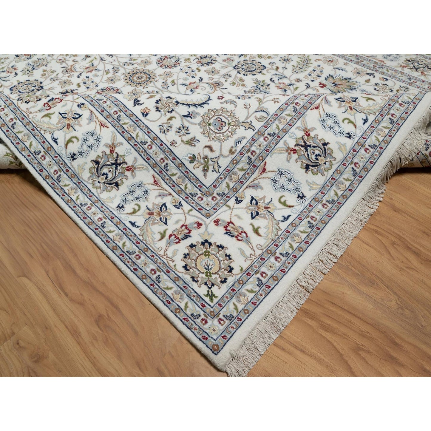 9'X12'1" White Hand Knotted Nain Flower Design Wool And Silk 250 Kpsi Rug