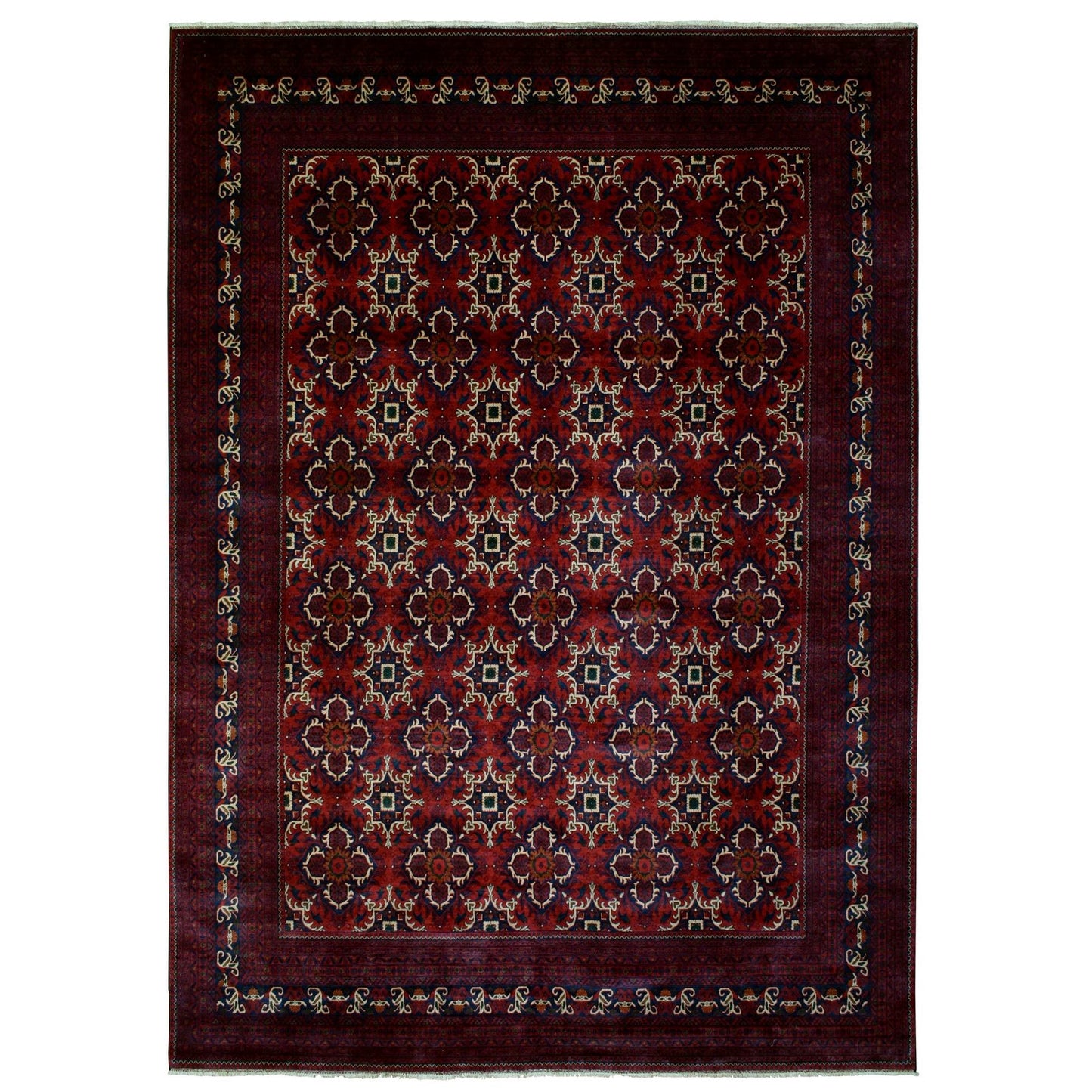 10'X13'8" Red Afghan Khamyab Soft Wool Geometric Design Hand Knotted Rug