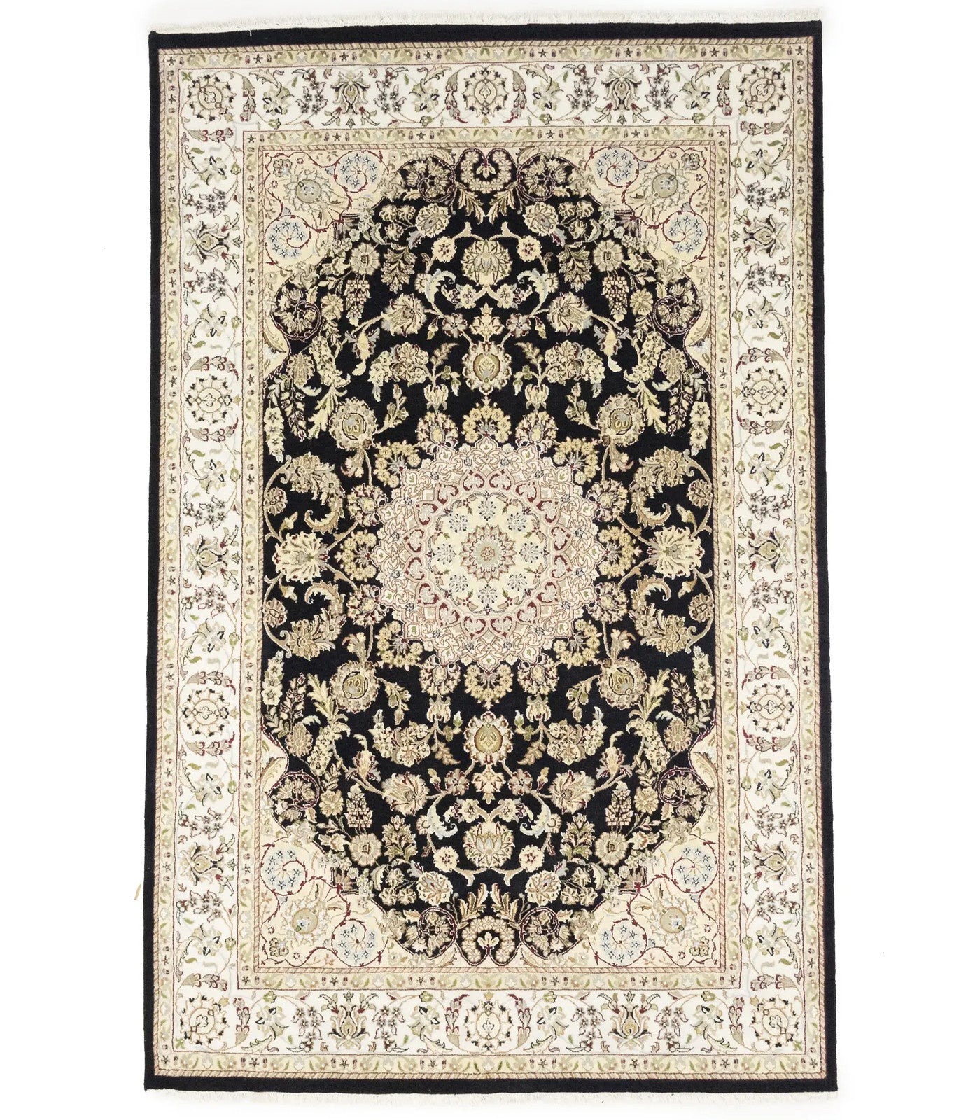 Indo-Nain Oriental Rug 6X9 Ft Black Floral