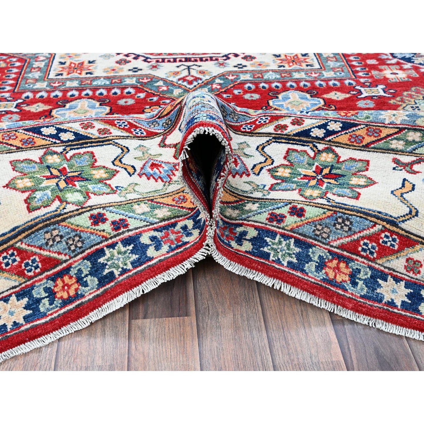 9'1"X11'9" Berry Red Kazak With Geometric Design Hand Knotted Soft Wool Rug