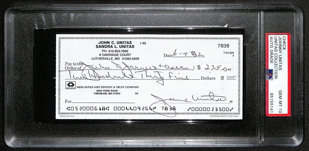 Johnny Unitas Signed 6/4/02 Check Psa/Dna Gem Mt