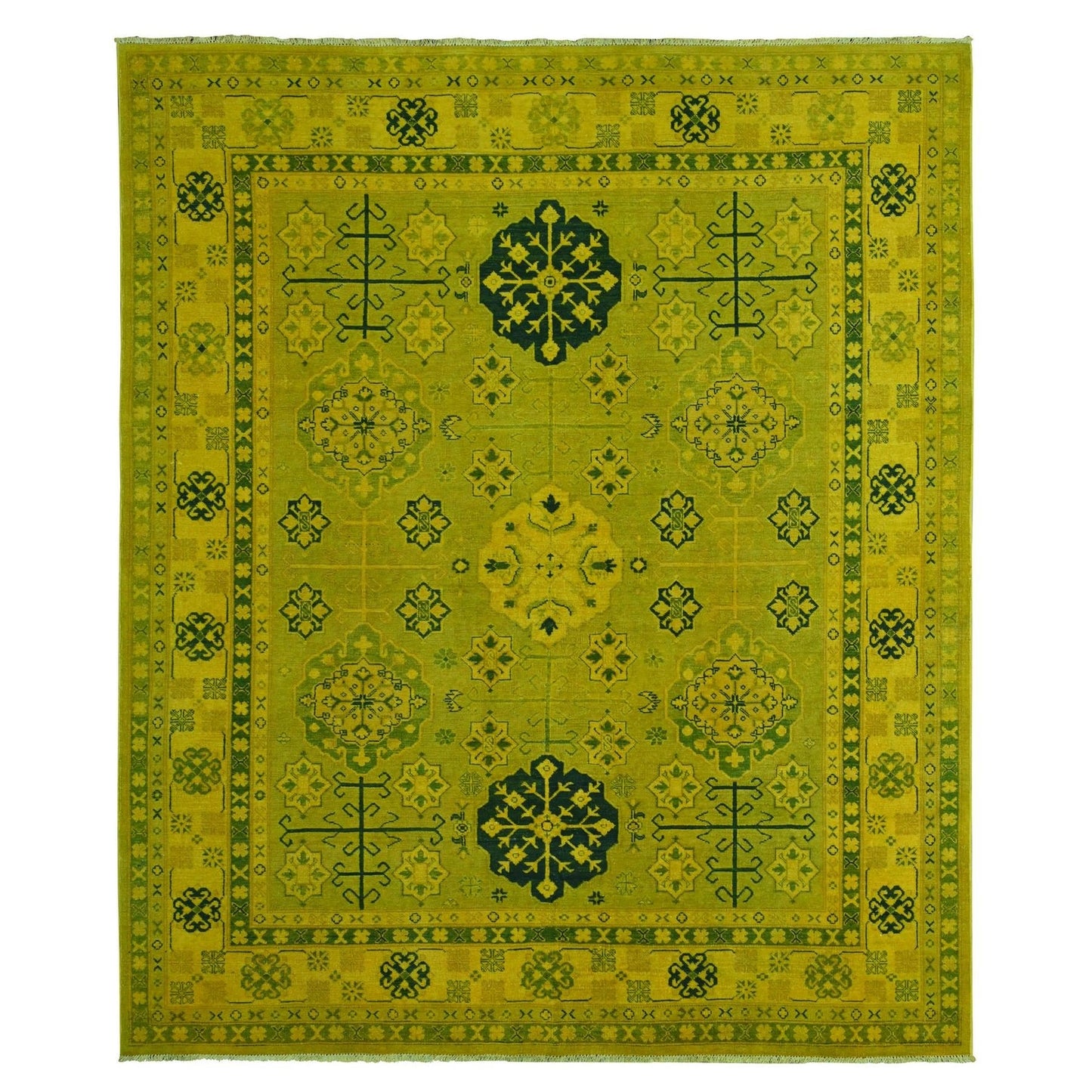 8'1"X9'5" Golden Yellow Overdyed Kazak Star Design Wool Hand Knotted Rug