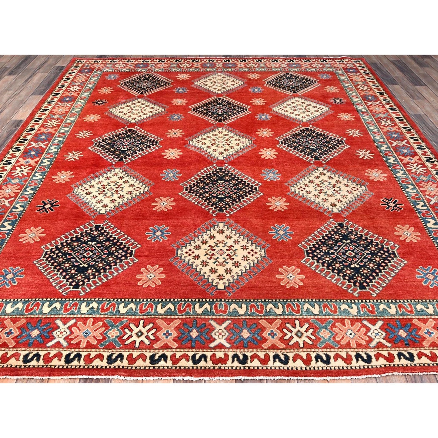 8'1"X9'9" Red Special Kazak All Over Medallions Wool Hand Knotted Rug