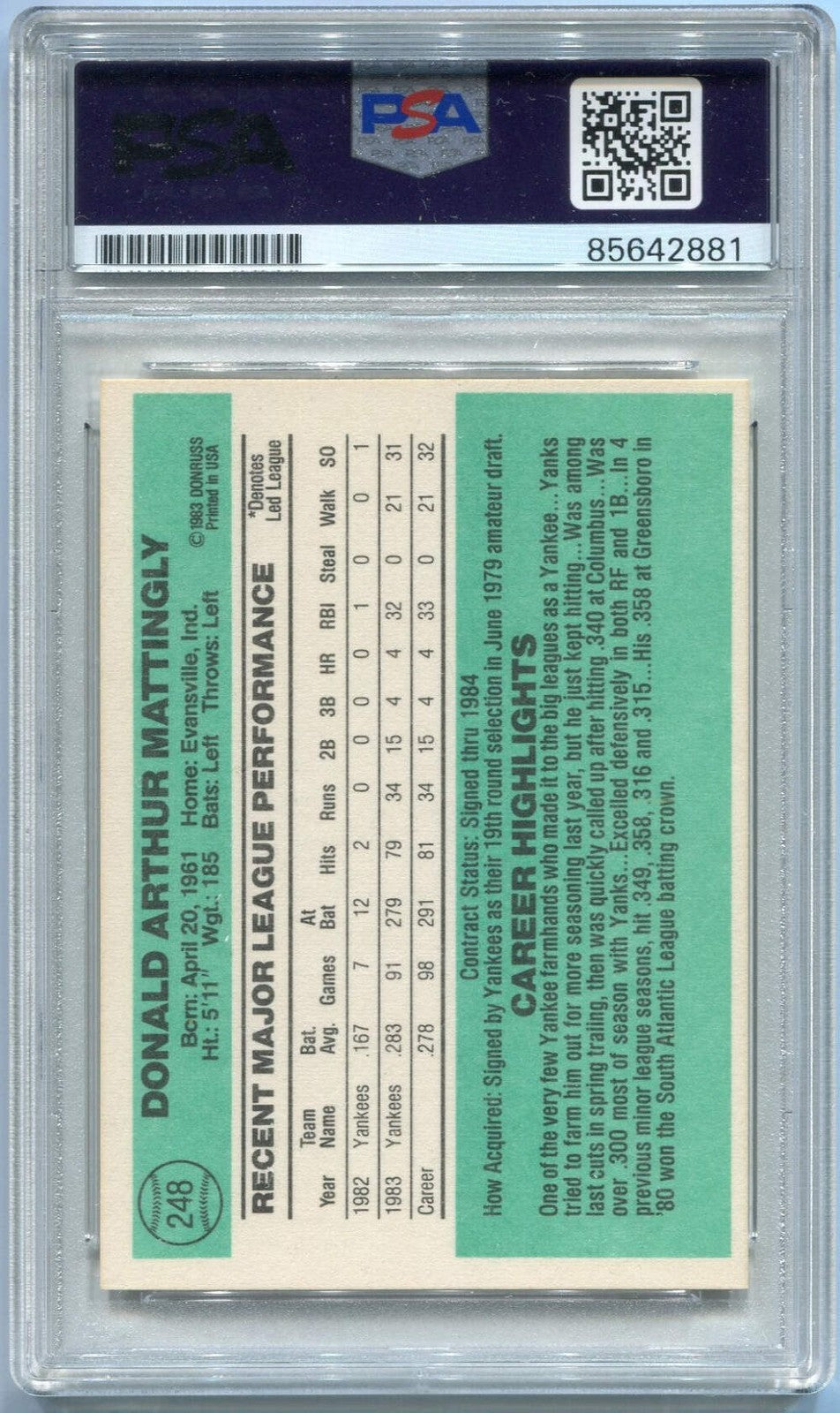 Don Mattingly 1984 Donruss Autographed Rc Psa/Dna Certified