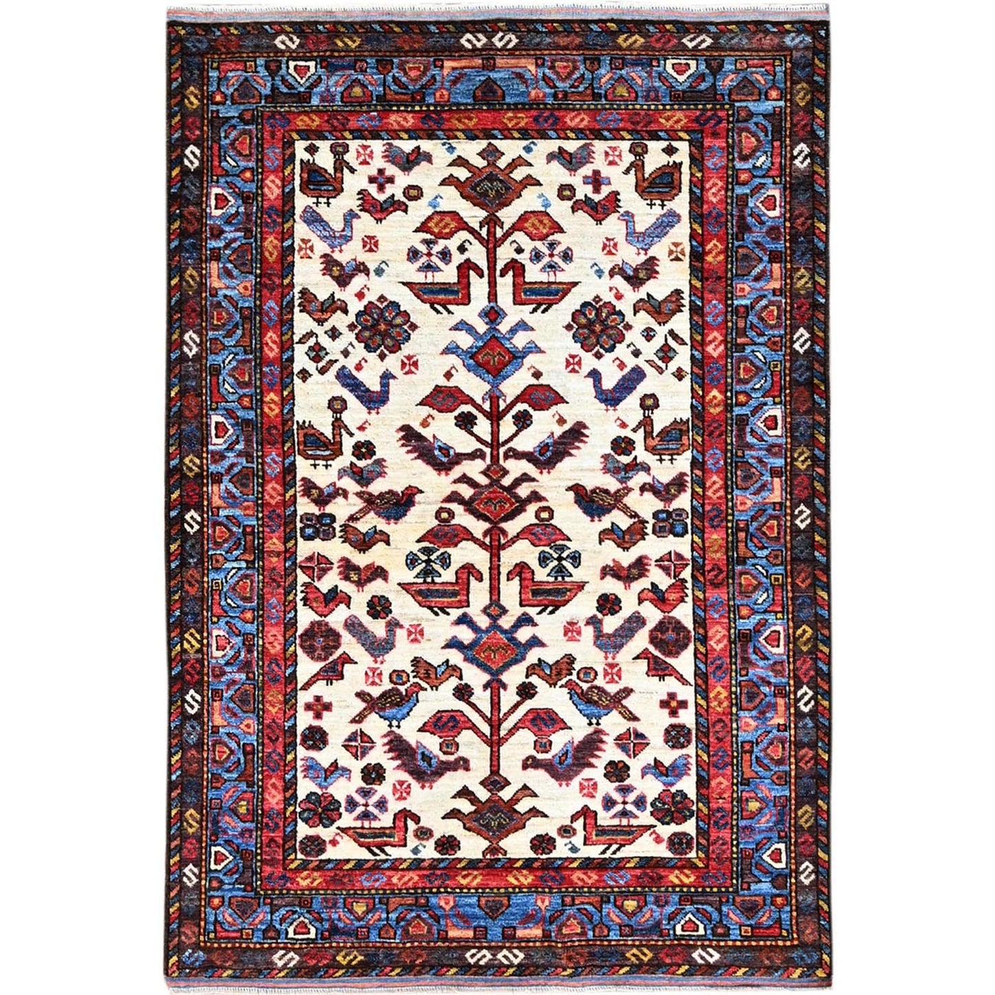 3'7"X5'3" Ivory Turkish Knot Birds Figurines Hand Knotted Wool Rug