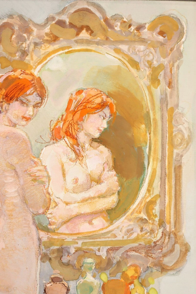 Erno Zorad "Mirror" Signed Watercolor Nude Painting - Rare Hungarian Artist